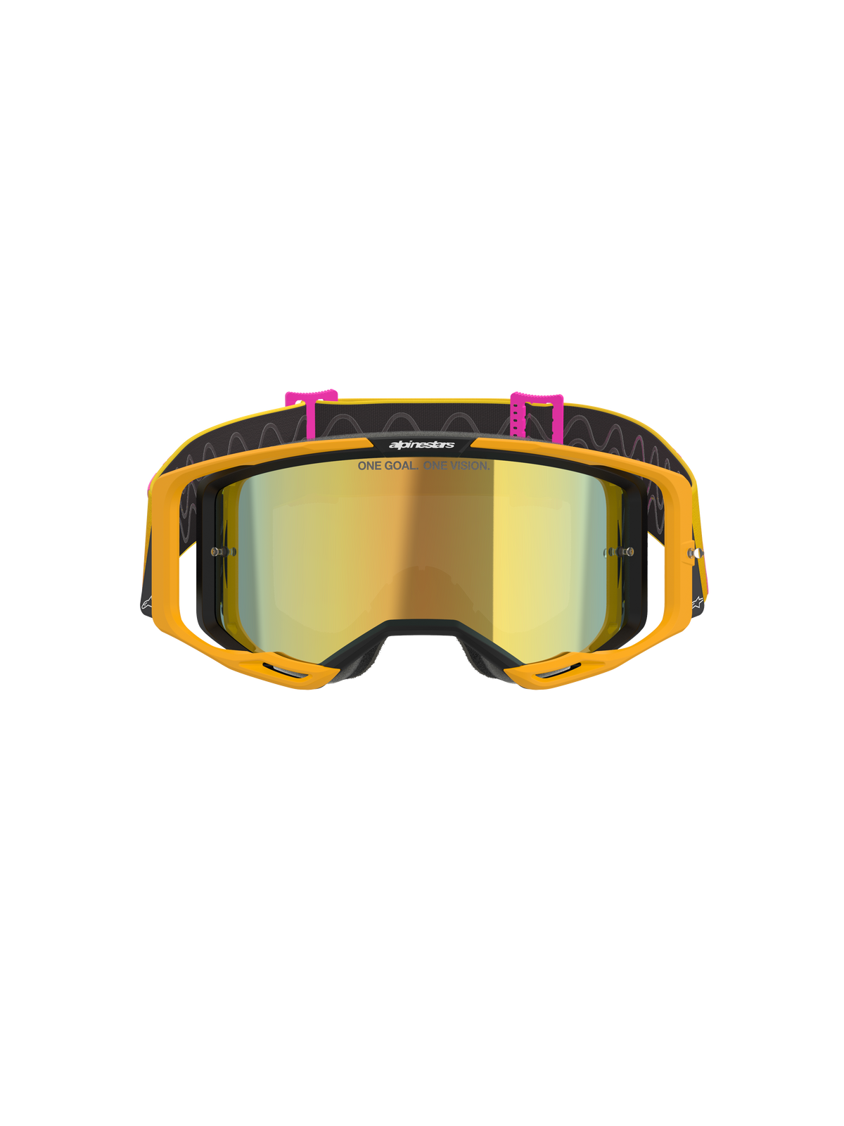 Alpinestars Vision 8 Corp Goggles, motorcrossbril, oranje geel roze spiegelgoud, vooraanzicht met een goudkleurige spiegelende lens met de tekst 'ONE GOAL. ONE VISION.', feloranje frame en zwarte band met roze clips en golvende lijnpatronen.