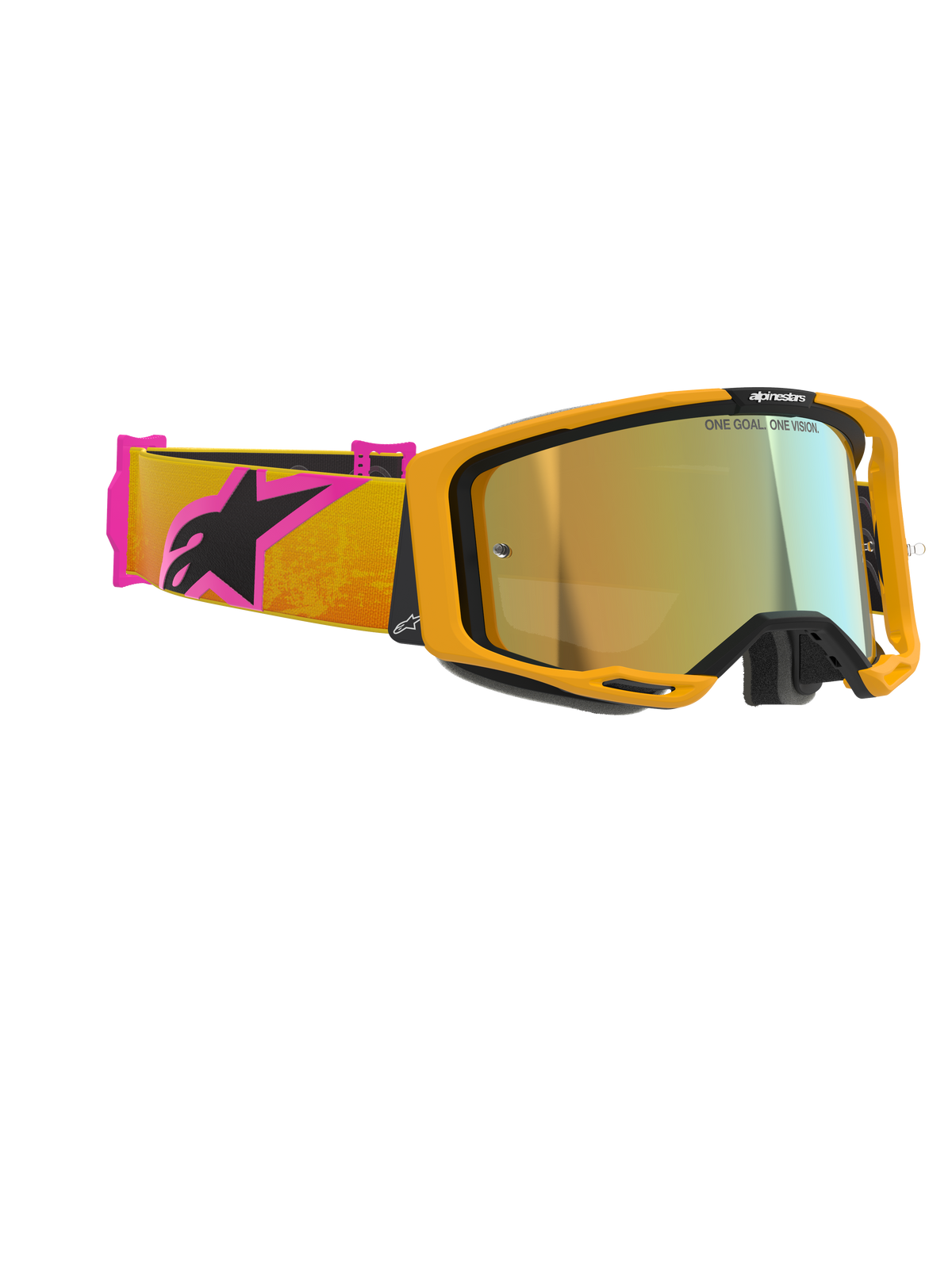 Alpinestars Vision 8 Corp motorcrossbril, oranje frame met goudkleurige spiegelende lens, oranje en roze band voorzien van zwart Alpinestars-logo, hoogwaardig ontwerp voor off-road racing