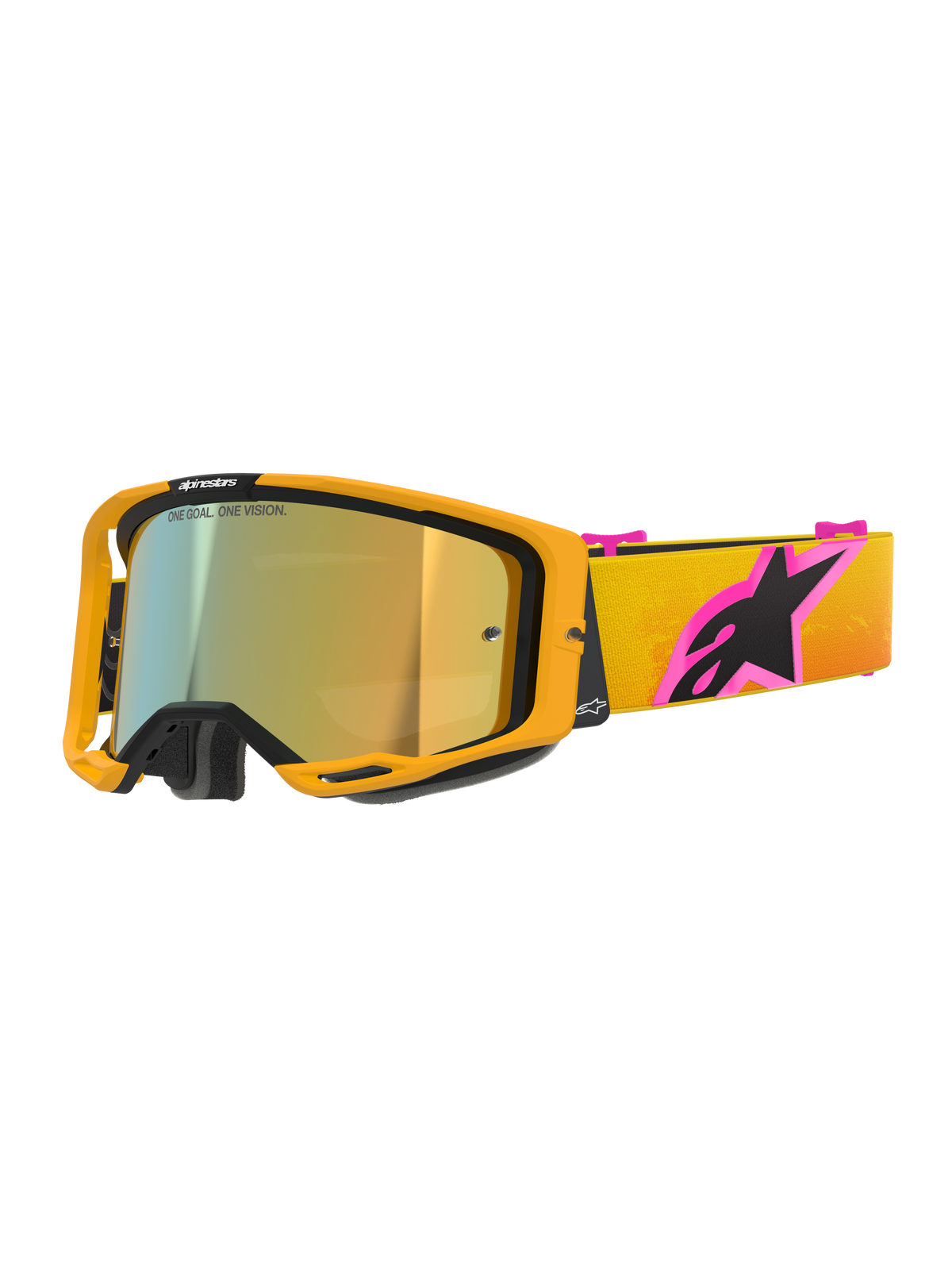 Alpinestars Vision 8 Corp Goggles, motorcrossbril, oranje frame met Mirror Gold-lens, geel en oranje gradient band met een groot roze en zwart Alpinestars-logo, strak hoogwaardig ontwerp voor off-road racen