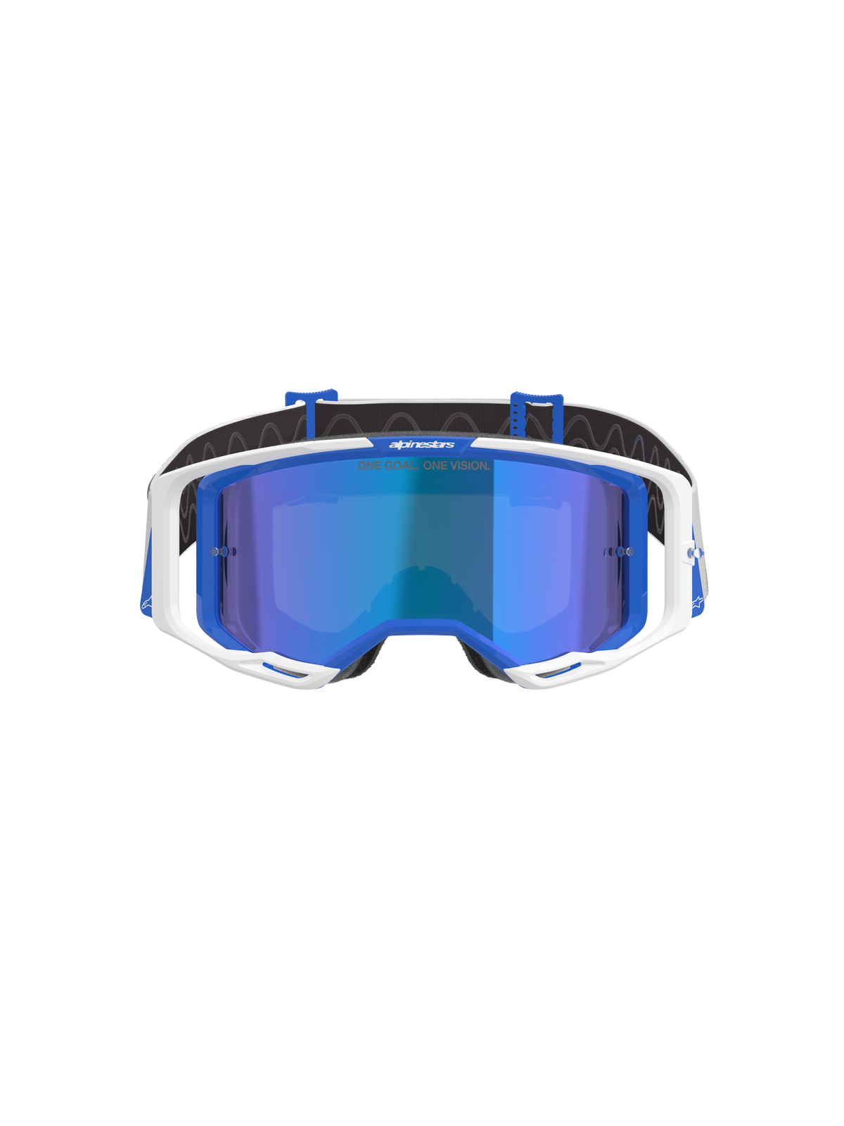 Alpinestars Vision 8 Corp Goggles, Motocross Goggles, Blue and White with Mirror Blue Lens, featuring a white outer frame, blue inner accents, and 'One Goal. One Vision.' branding on the mirror lens, designed for off-road racing performance.