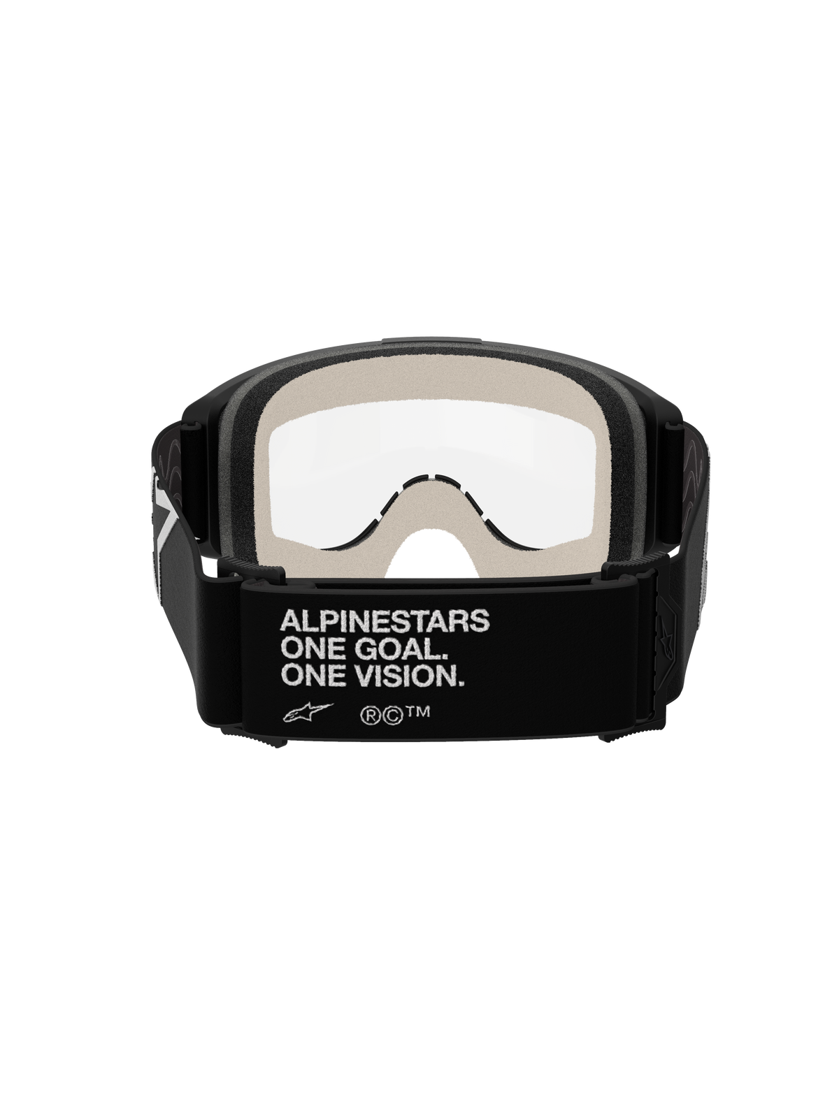 Alpinestars Vision 5 Corp Goggles, motorcrossbril, zwart en helder, achteraanzicht met de zwarte band met witte 'ALPINESTARS ONE GOAL. ONE VISION.' branding, lichtgrijs gezichtsschuim en heldere anti-condens lens.