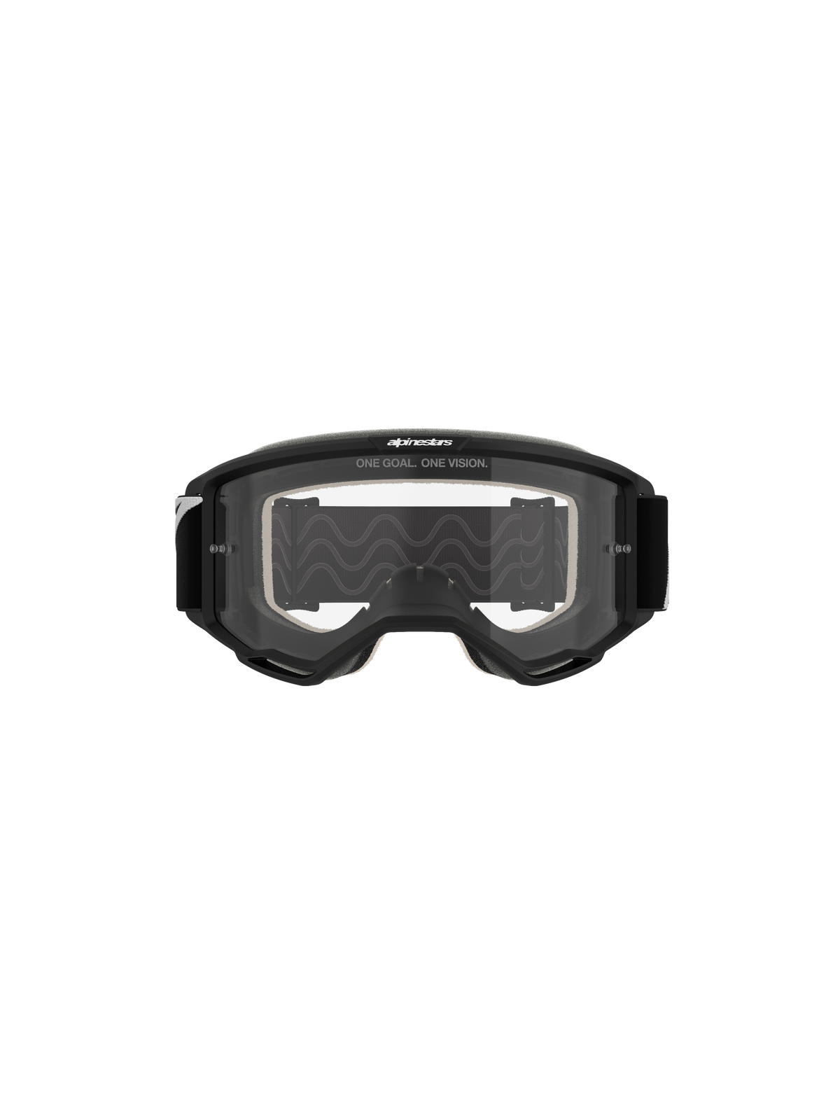 Alpinestars Vision 5 Corp Goggles, motorcrossbril, zwart frame met heldere lens, vooraanzicht, voorzien van 'ONE GOAL. ONE VISION.' tekst op de bovenzijde, breed gezichtsveld voor off-road racen