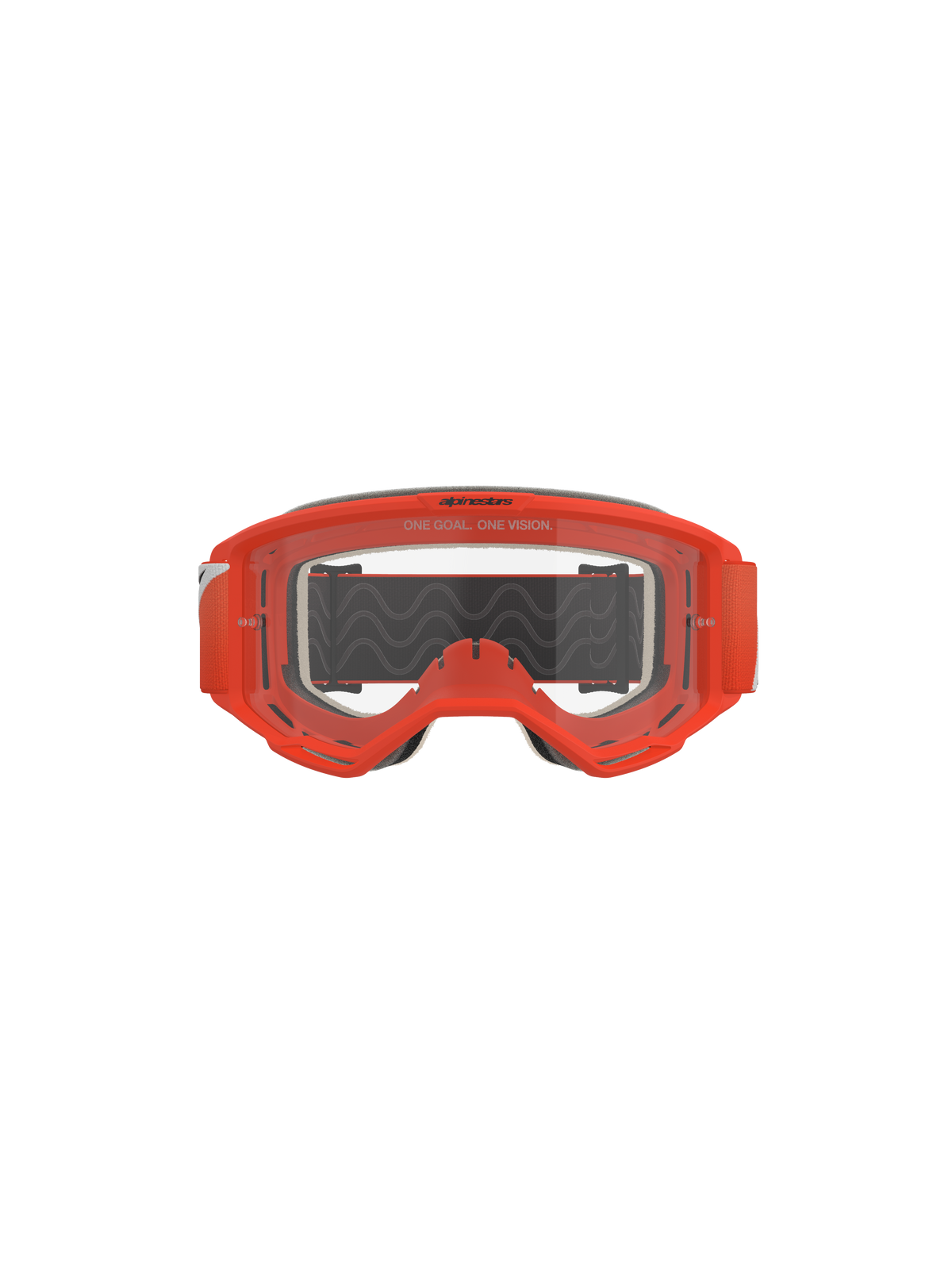 Alpinestars Vision 5 Corp Goggles, motorcrossbril, oranje met heldere lens, vooraanzicht met een opvallend oranje frame, transparante anti-condens lens met 'One Goal. One Vision' branding, grijs gezichtsschuim en een zwarte band met golvende siliconen grip.