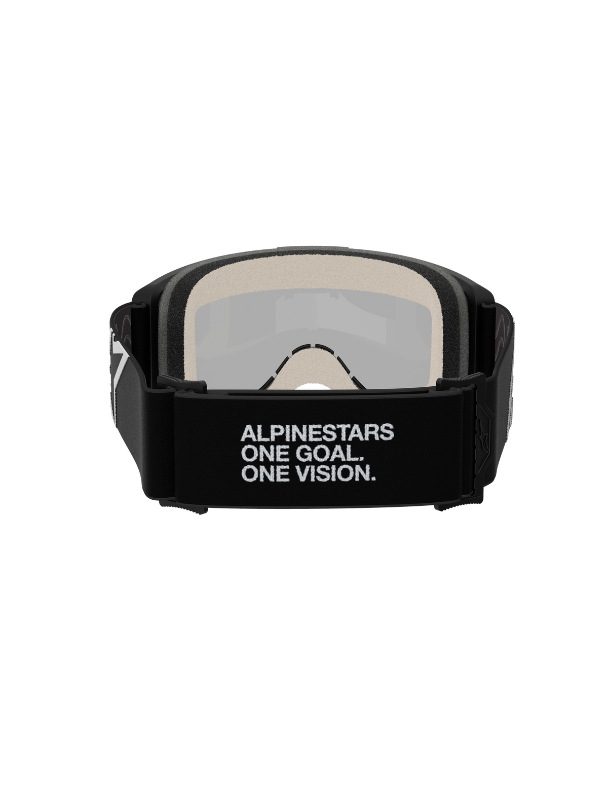 Alpinestars Vision 5 Corp Goggles, motorcrossbril, achteraanzicht, zwarte geweven band met de witte slogan 'ALPINESTARS ONE GOAL. ONE VISION.', 17 mm meerlaags gezichtsschuim, zilveren spiegelende lens zichtbaar vanaf de binnenzijde, ontworpen voor een stevige pasvorm en off-road prestaties