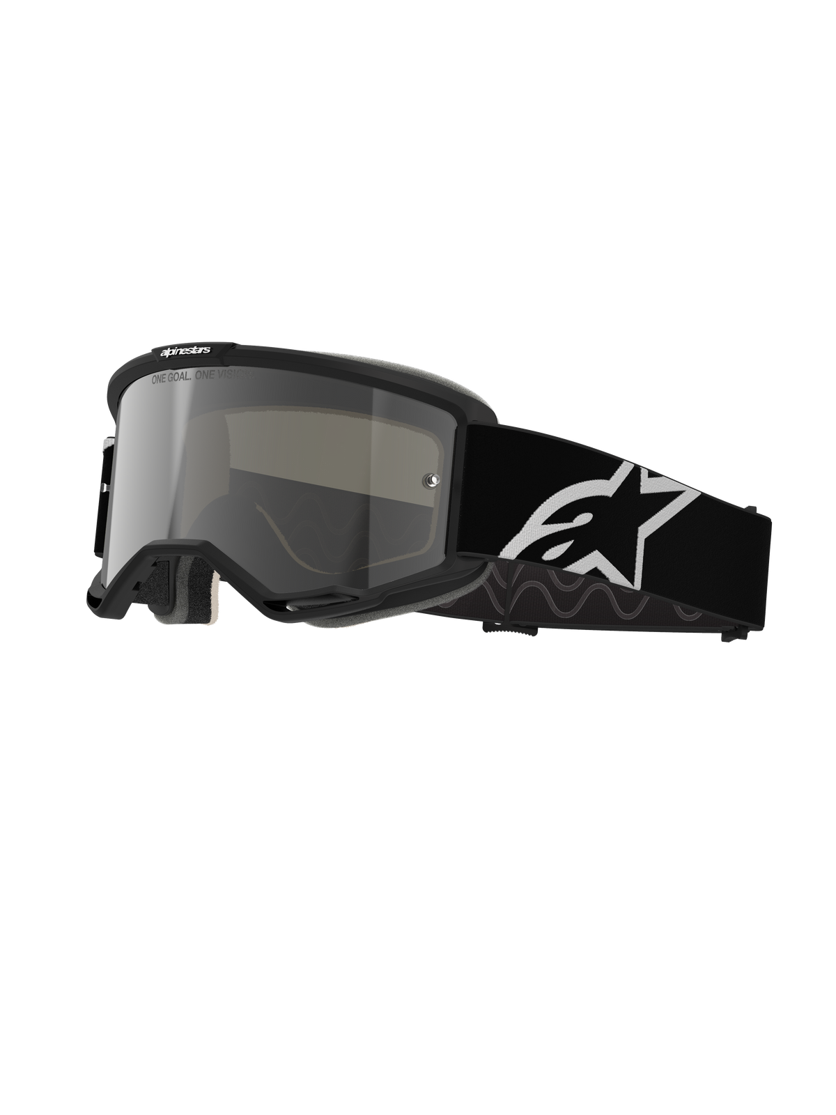 Alpinestars Vision 5 Corp motorcrossbril, crossbril, zwart frame met zilveren spiegelende lens, brede zwarte verstelbare band met groot wit Alpinestars sterlogo, gevoerd gezichtsschuim, One Goal One Vision branding