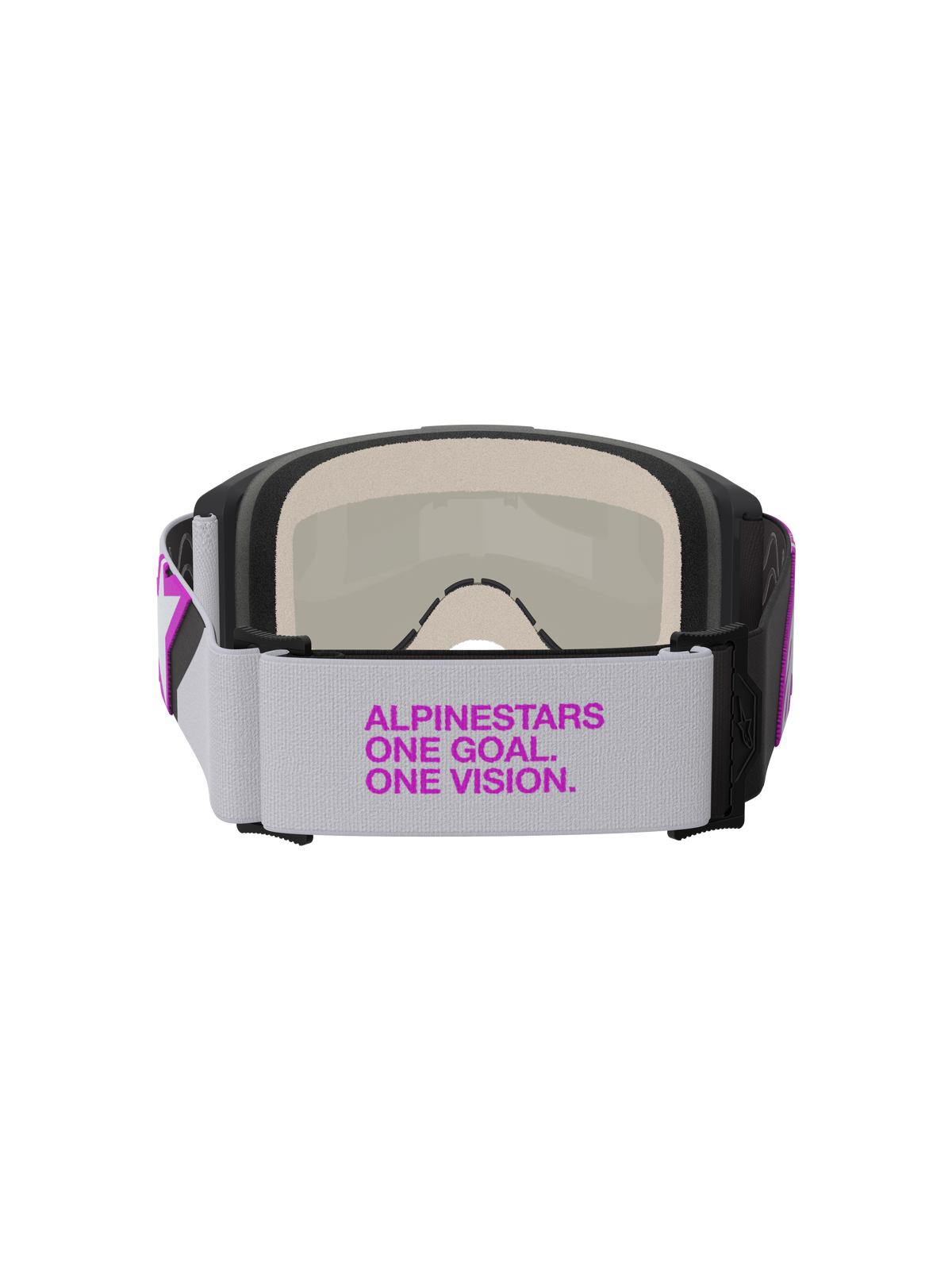 Alpinestars Vision 5 Corp Goggles, motorcrossbril, lichtgrijs en Purple Mirror Silver, achteraanzicht met brede geweven band met paarse branding, meerlaags gezichtsschuim en duurzame frameconstructie