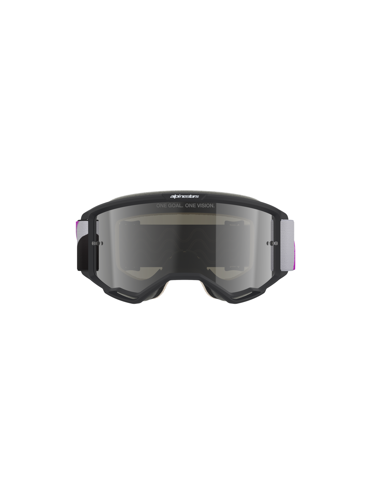 Alpinestars Vision 5 Corp Goggles, motorcrossbril, lichtgrijs frame met Purple Mirror Silver lens, vooraanzicht met de tekst 'ONE GOAL. ONE VISION.', verstelbare grijs en paars geweven band, hoogwaardige off-road oogbescherming