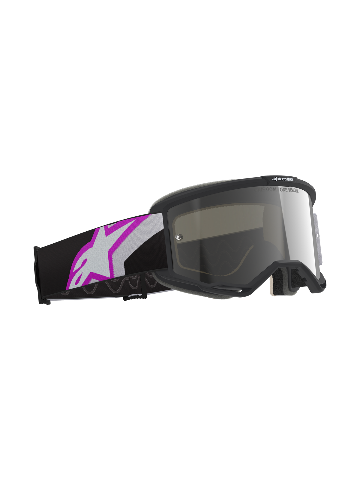 Alpinestars Vision 5 Corp Goggles, motorcrossbril, lichtgrijs frame met Purple Mirror Silver lens, zwarte band met een groot wit en paars Astars-logo, professionele off-road race-uitrusting