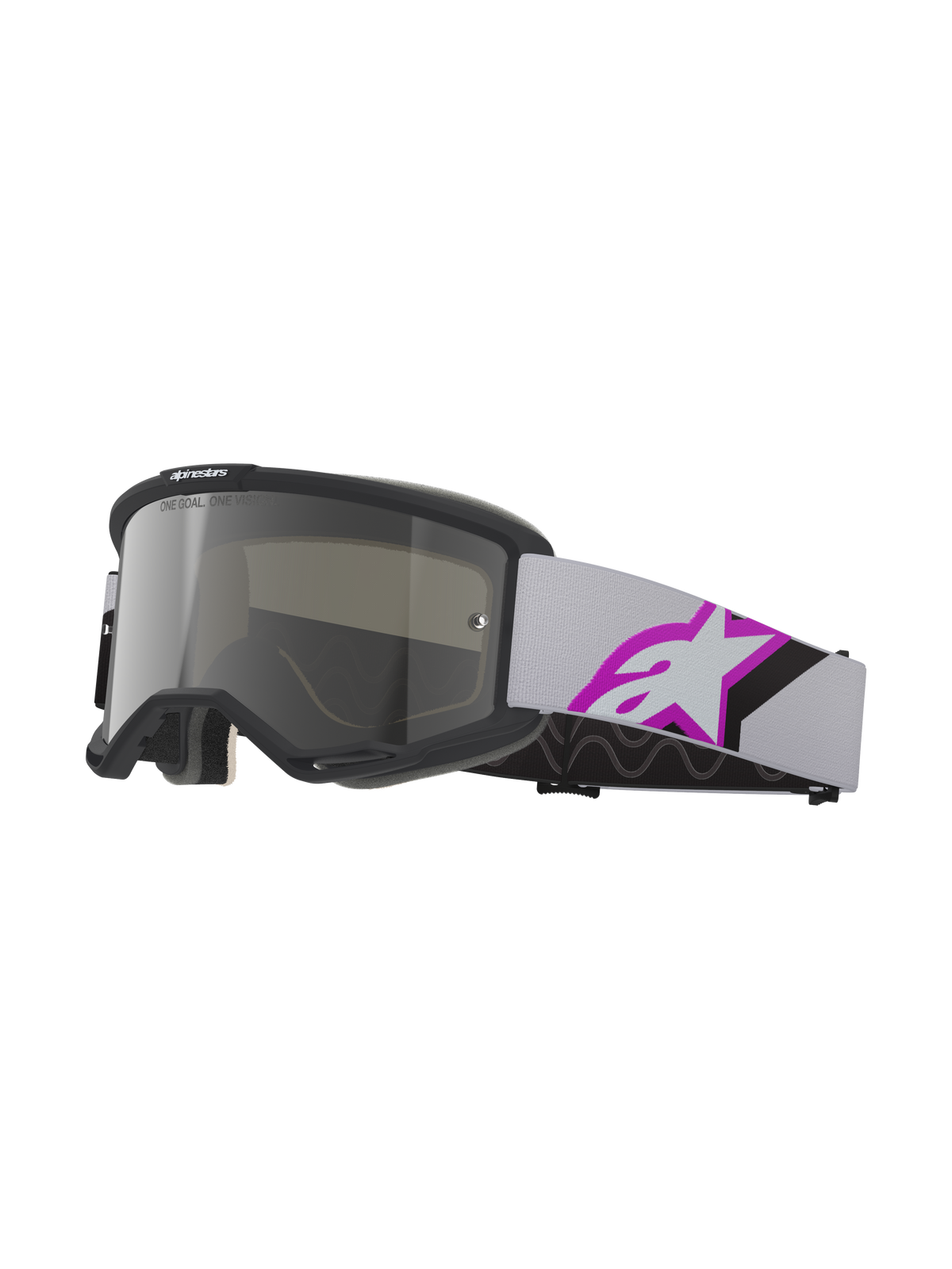 Alpinestars Vision 5 Corp Goggles, motorcrossbril, lichtgrijs en paars spiegelzilver, zwart frame met zilveren spiegelglas, lichtgrijze geweven band met een groot paars en zwart sterlogo, meerlaags gezichtsschuim voor een nauwsluitende pasvorm, professionele off-road beschermende bril