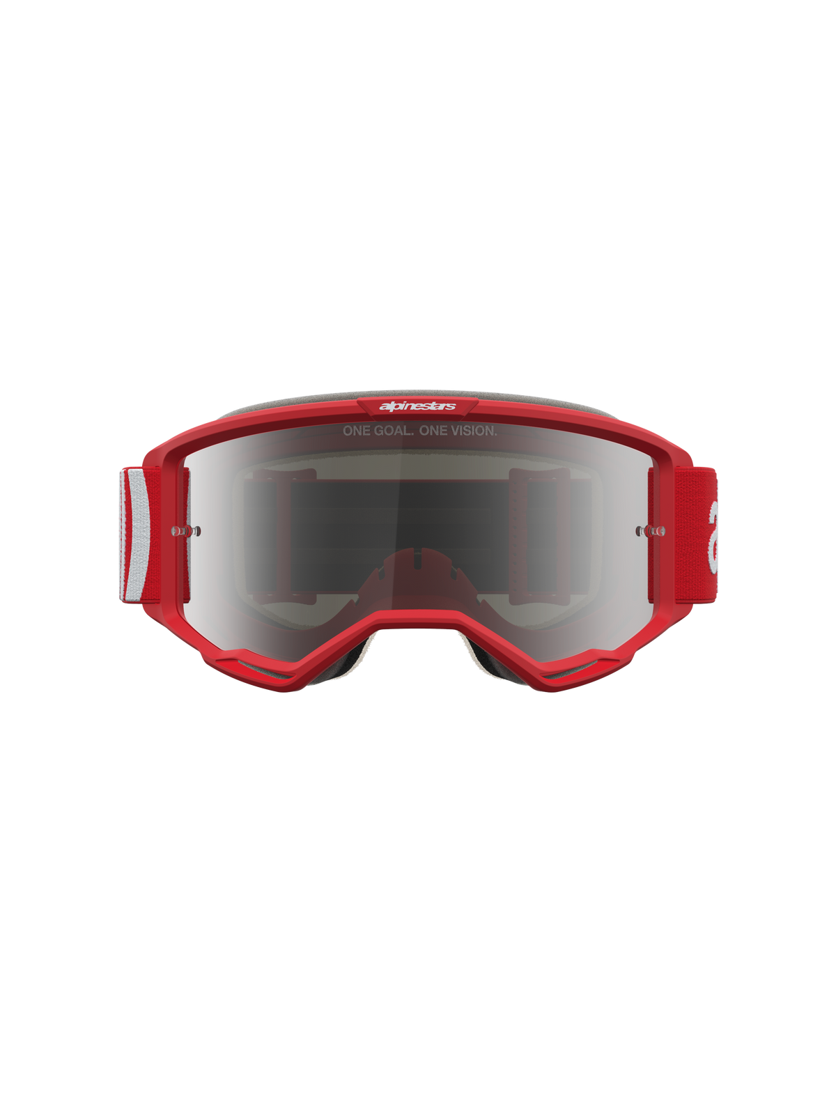 Alpinestars Vision 5 Hone veiligheidsbril, rood-witte motorcrossbril met zilveren spiegellens en RAM-AIR ventilatie.