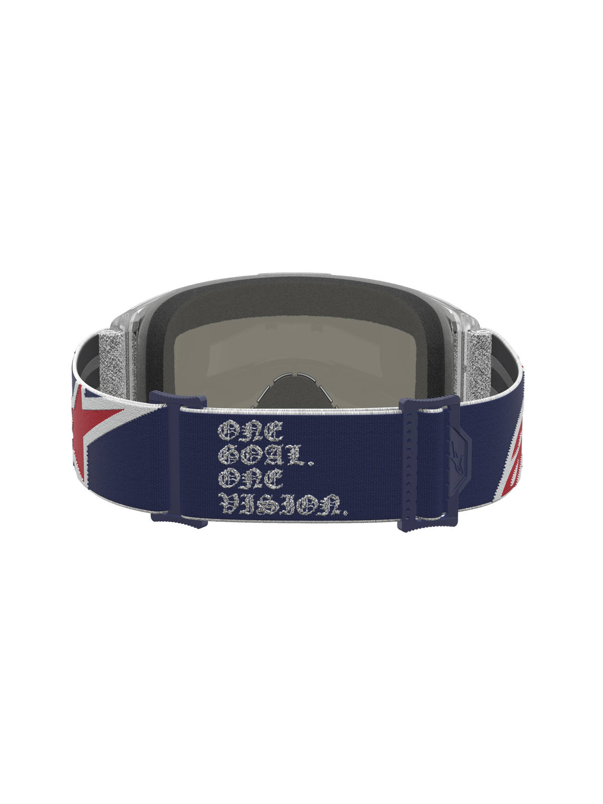 Alpinestars Vision 5 Le Fiftyfold Goggle, achteraanzicht met blauw-rode band en witte slogan, limited edition motorcrossbril