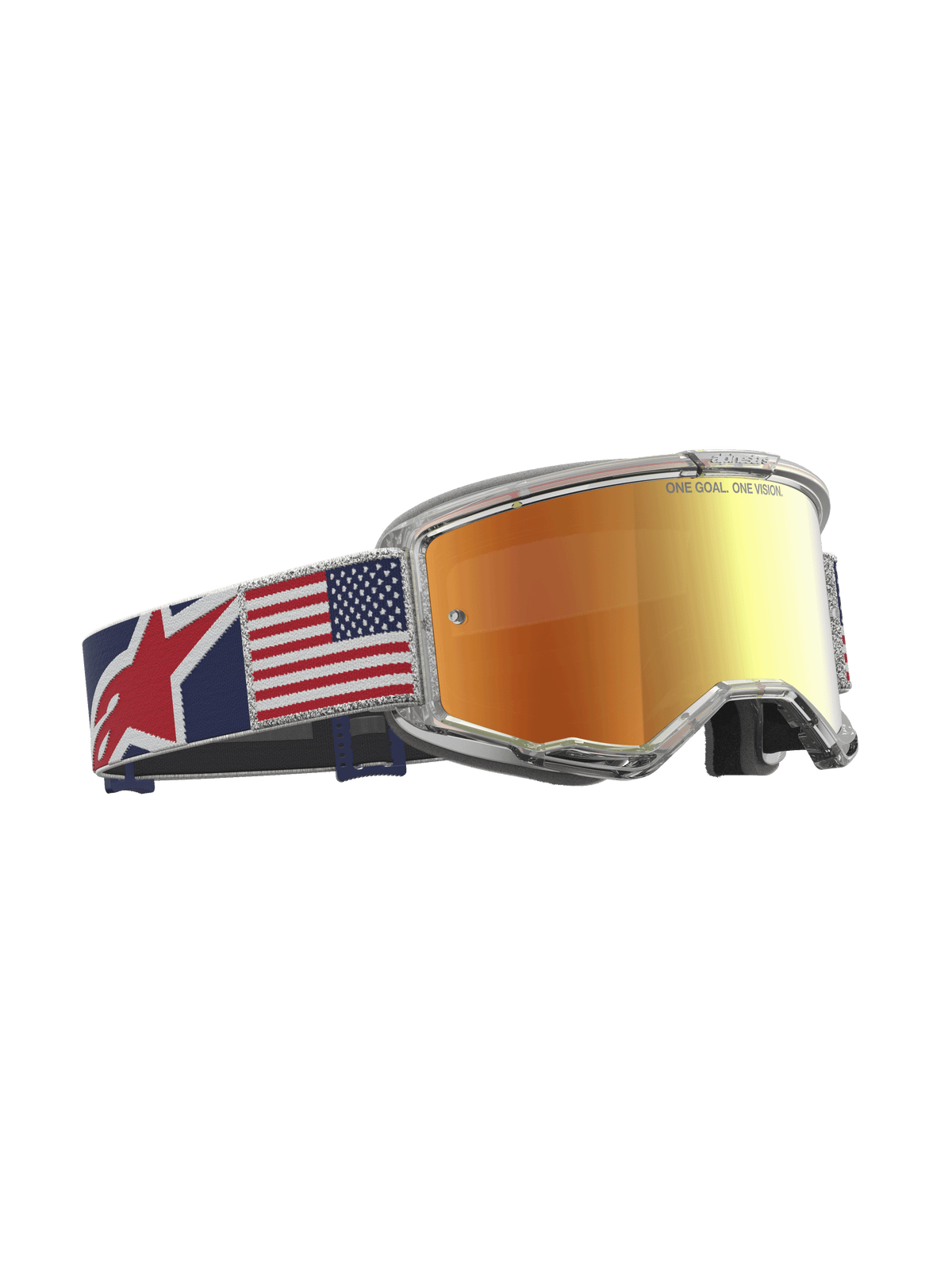 Alpinestars Vision 5 Le Fiftyfold crossbril met rode spiegellens, transparant frame en band met Amerikaanse vlag.