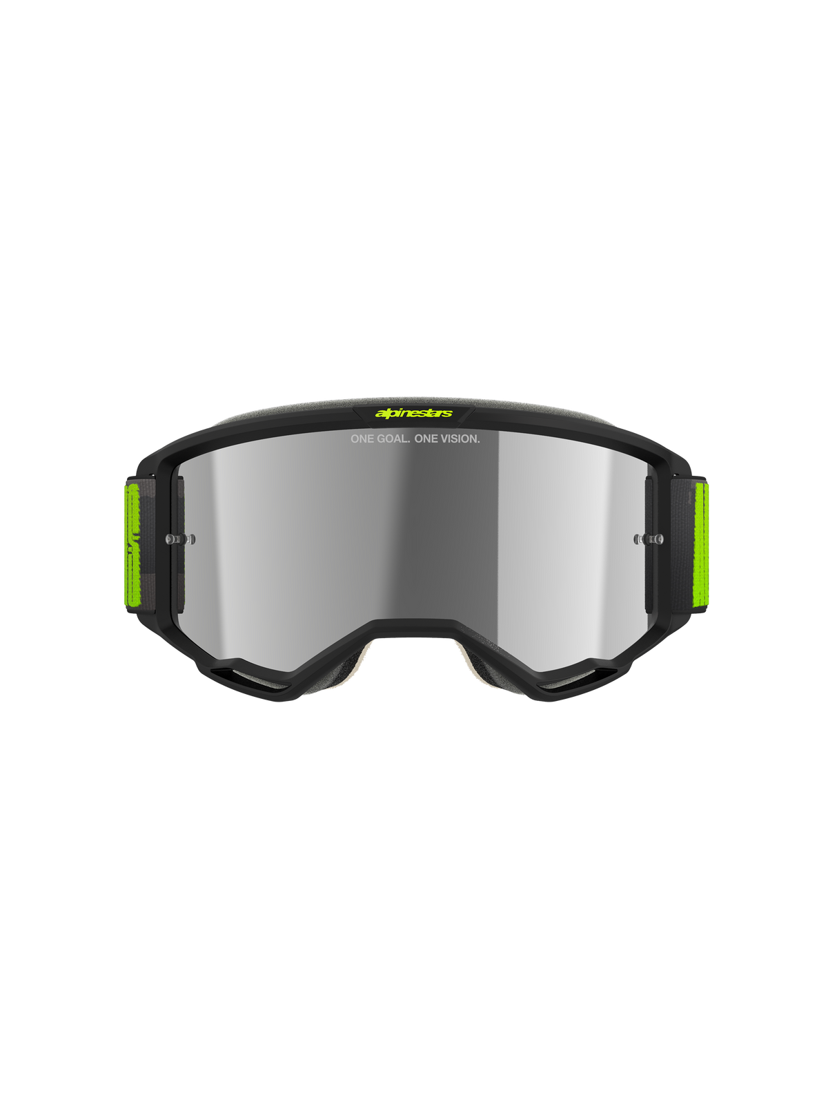 Alpinestars Vision 5 Hollow motorcrossbril, antraciet en fluorgeel, zilveren spiegelglas, strak antraciet frame met felgele accenten en brede geweven band, hoogwaardige oogbescherming voor off-road racen