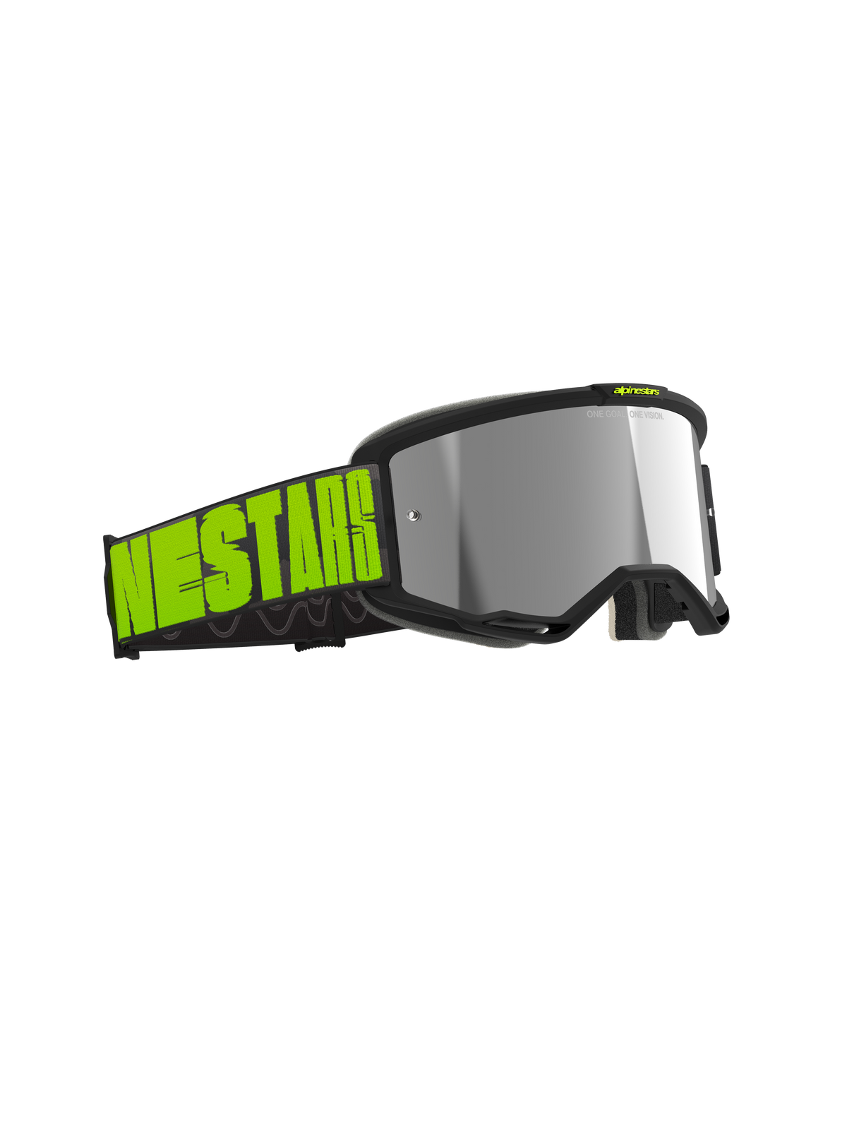Alpinestars Vision 5 Hollow Goggles, motorcrossbril, antraciet en neongeel, zilveren spiegelglas lens, brede zwarte band met opvallende neongele branding, slank frame met RAM-AIR ventilatie voor off-road racen