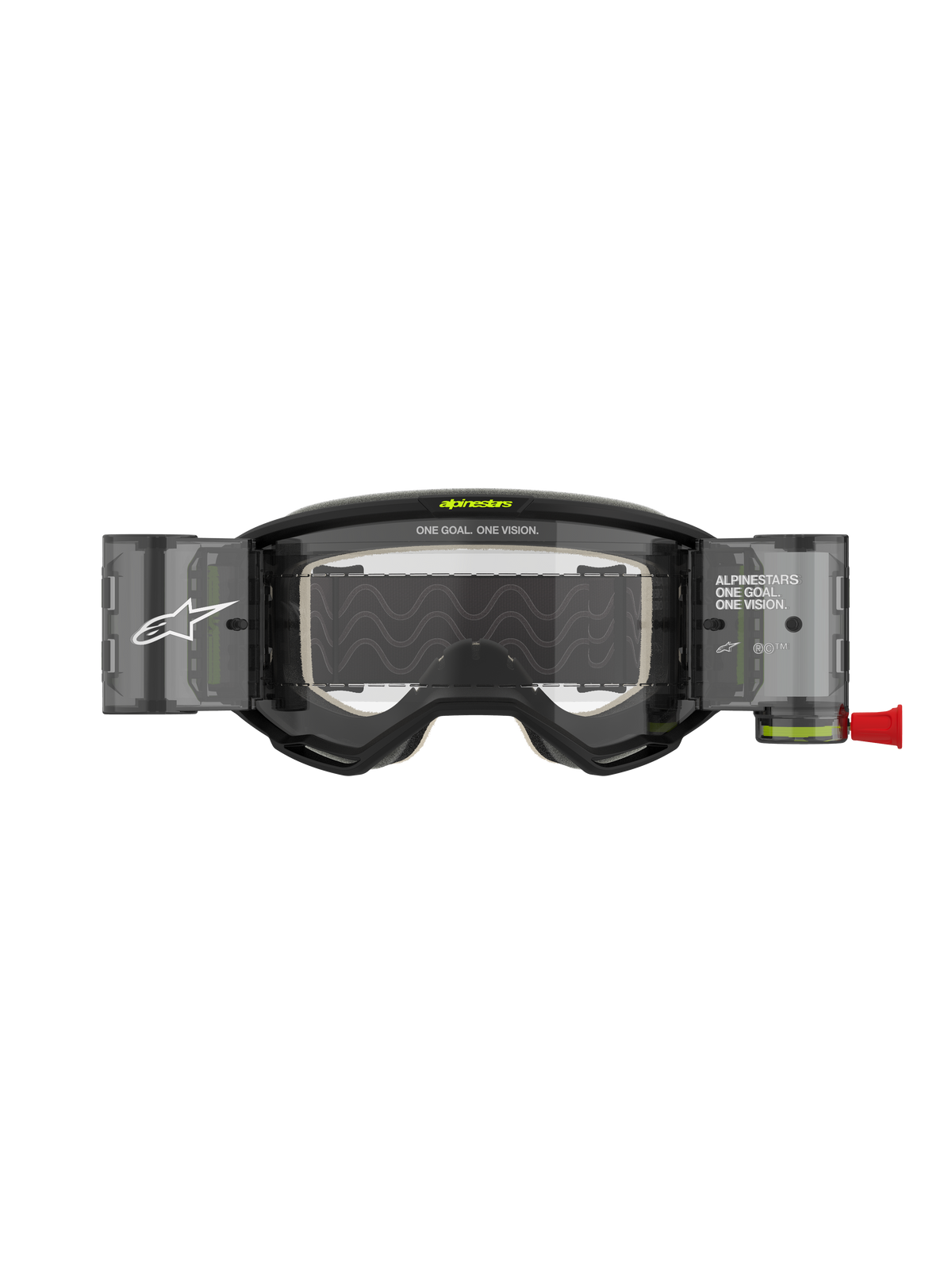 Alpinestars Vision 5 Hollow Roll-Off crossbril, motorcrossbril, antraciet en fluogeel, voorzien van een helder roll-off lenssysteem met doorschijnende canisters, rode treklip, witte branding en 'ONE GOAL. ONE VISION.' tekst, ontworpen voor off-road racen
