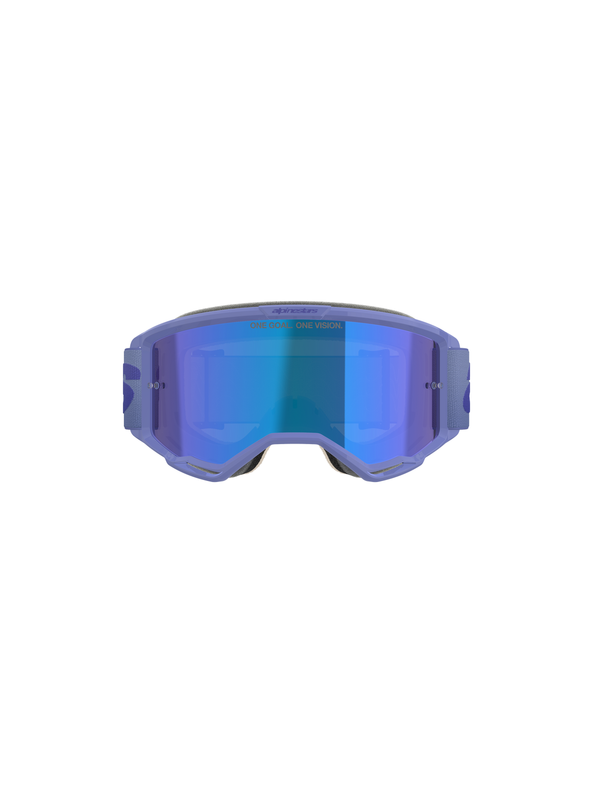 Alpinestars Vision 5 Wordmark Goggles, Motocross Goggles, Purple with Blue Mirrored Lens, front-facing view featuring a wide field of vision, adjustable strap, and bold branding