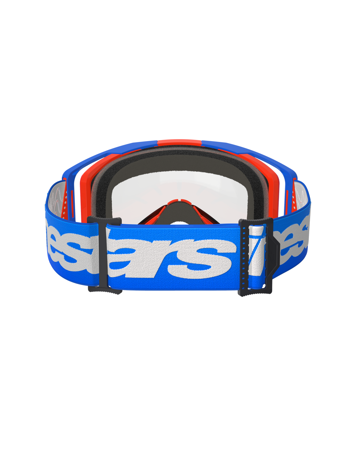 Alpinestars Vision 8 Wordmark goggles, motorcross bril, blauw en oranje met heldere lens, brede blauwe band met witte Alpinestars-branding, hoogwaardige oogbescherming voor off-road racen