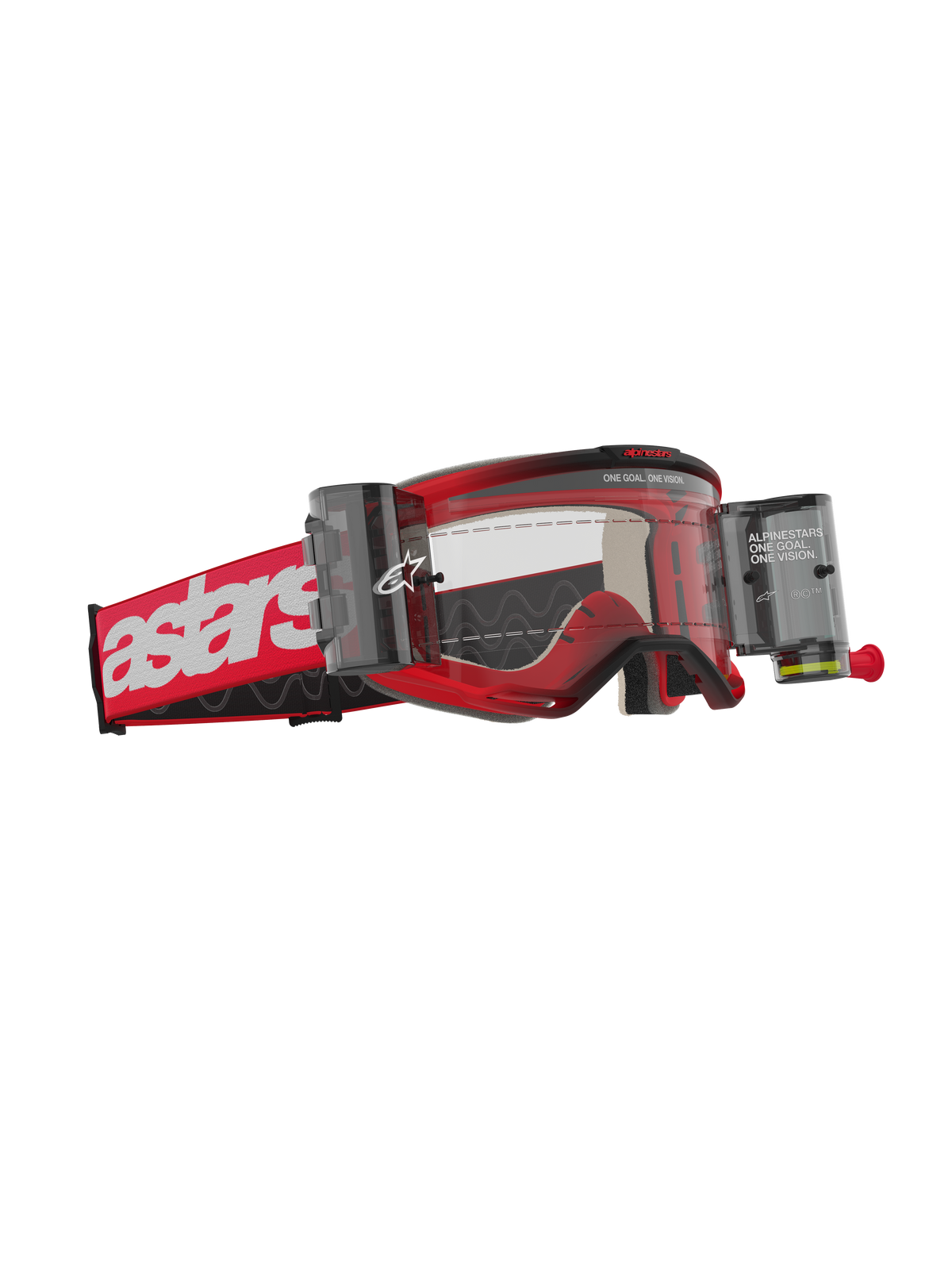 Alpinestars Vision 5 Blaze Goggles Roll Off, motorcrossbril, rood frame met wit astars-logo op de band, heldere lens met geïntegreerd Wide Vision Roll-Off-systeem, duurzame oogbescherming voor off-road rijden