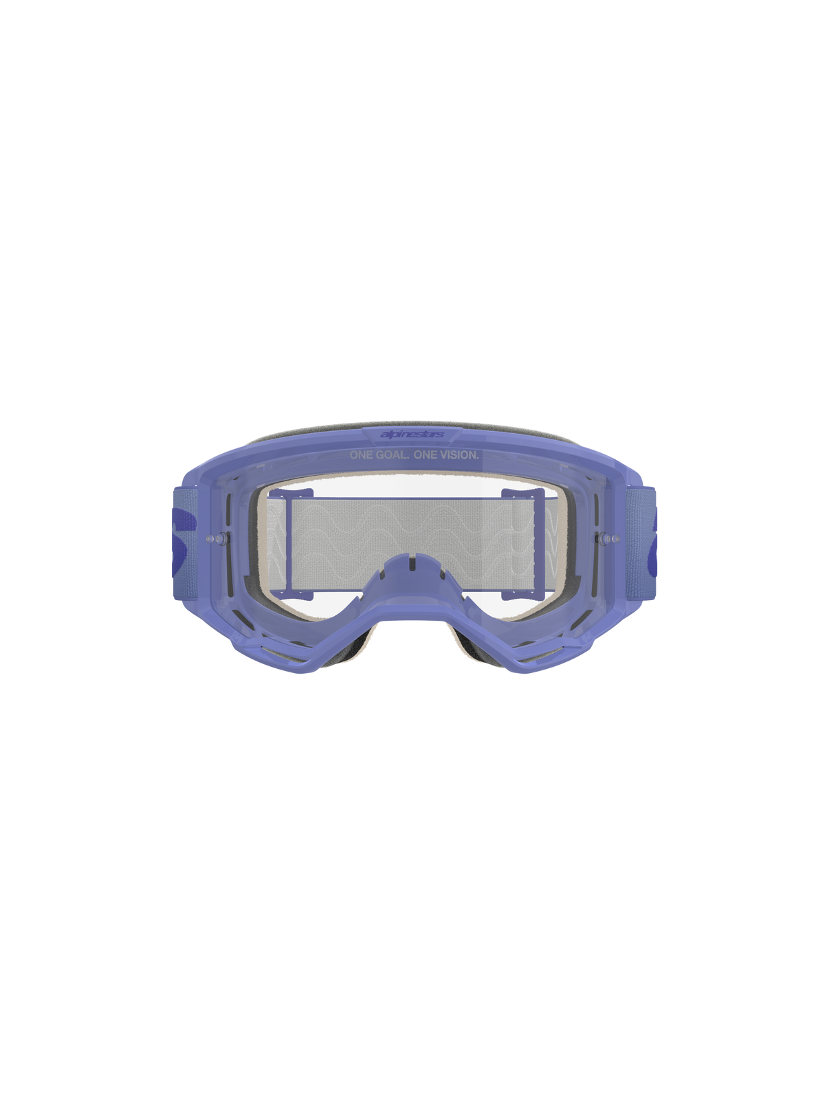 Alpinestars Vision 5 Wordmark crossbril, paars en helder, voorzien van een lichtgewicht A-FLEX urethaan frame, heldere anti-condens polycarbonaat lens met 'ONE GOAL. ONE VISION.' branding, 17 mm meerlaags gezichtsschuim en paarse geweven band met opvallend wordmark-logo, professionele motorcross oogbescherming