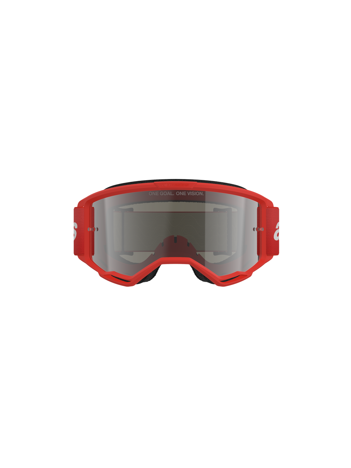 Alpinestars Vision 3 Wordmark Goggles, motorcrossbril, rood frame met Silver Mirror lens, vooraanzicht met de tekst 'ONE GOAL. ONE VISION.' op de lens en een brede rode band