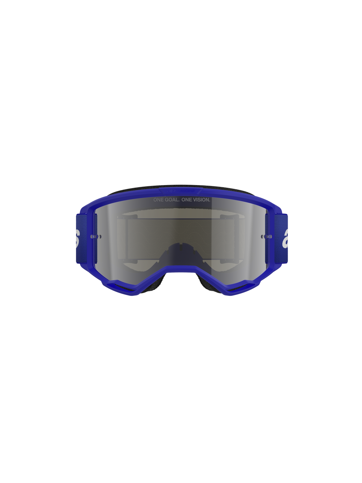 Alpinestars Vision 3 Wordmark Goggles, motorcrossbril, blauw en zilver spiegelend, met een felblauw frame en brede band met wit woordmerk, zilveren spiegelende lens met 'ONE GOAL. ONE VISION.' tekst, professionele off-road oogbescherming.