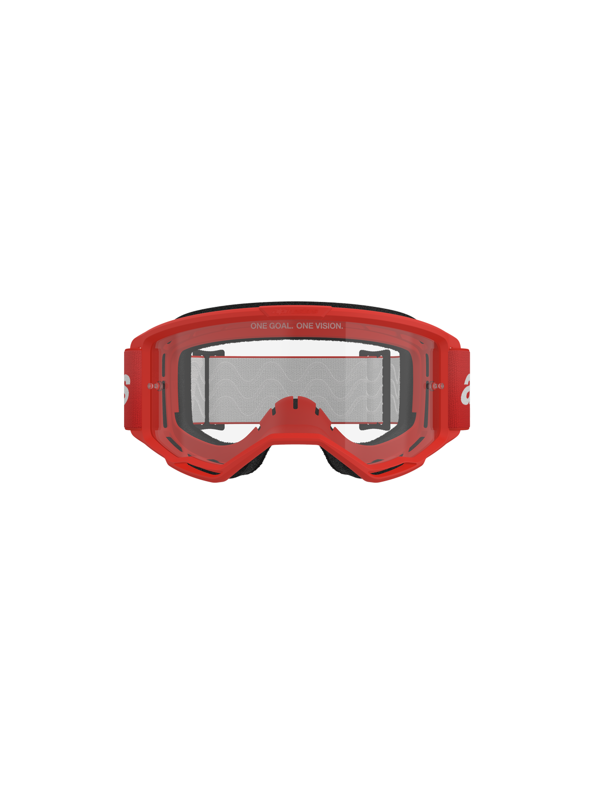 Alpinestars Vision 3 Wordmark Goggles, motorcrossbril, rood frame en heldere lens, rode geweven band met witte branding, 'ONE GOAL. ONE VISION.' tekst op de lens, vooraanzicht studio-opname op zwarte achtergrond