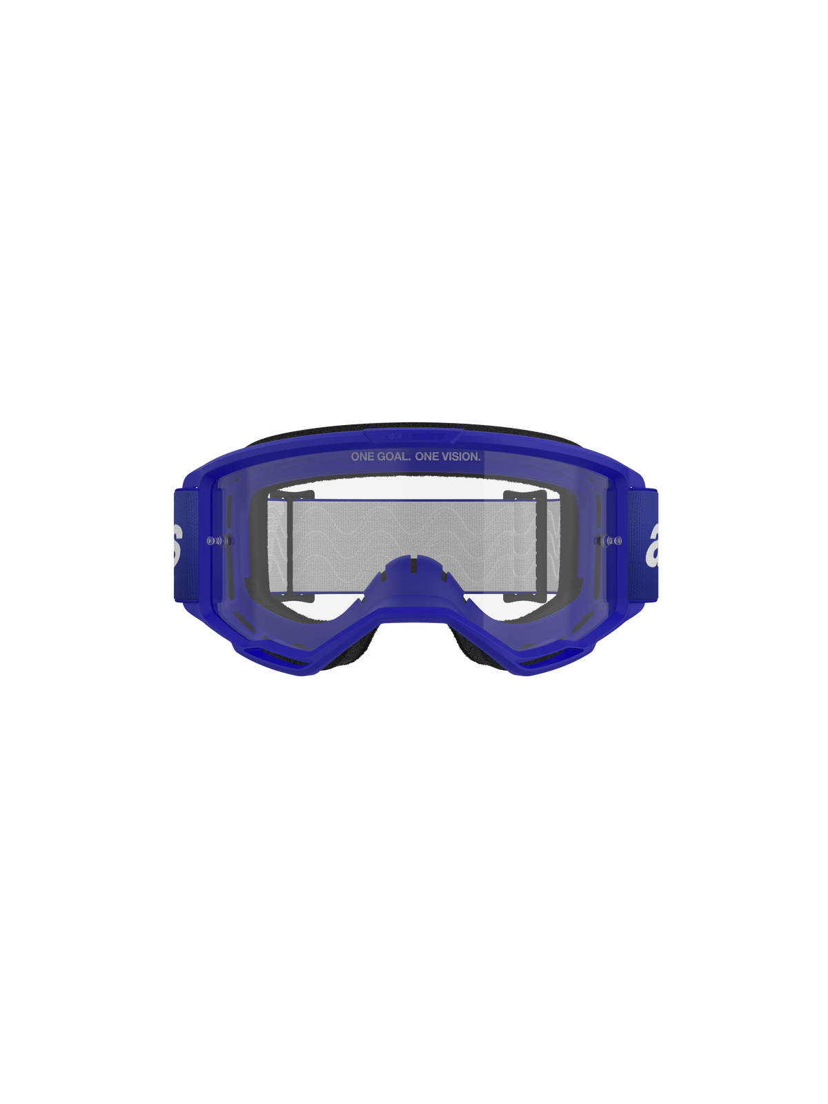 Alpinestars Vision 3 Wordmark Goggles, motorcrossbril, blauw helder, vooraanzicht met blauw A-FLEX frame en heldere anti-condens lens met 'ONE GOAL. ONE VISION.' tekst, brede blauwe band met witte branding