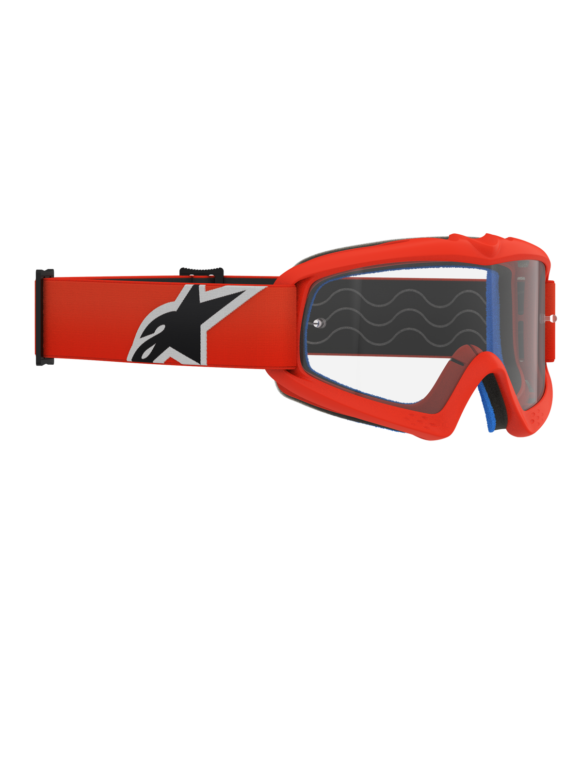 Alpinestars Vision Youth Corp Goggles, jeugd motorcrossbril, oranje frame en heldere lens, oranje band met opvallend zwart en wit Alpinestars-logo, zichtbaar blauw gezichtsschuim, siliconen grip-golven, polycarbonaat anti-condens lens voor off-road racing