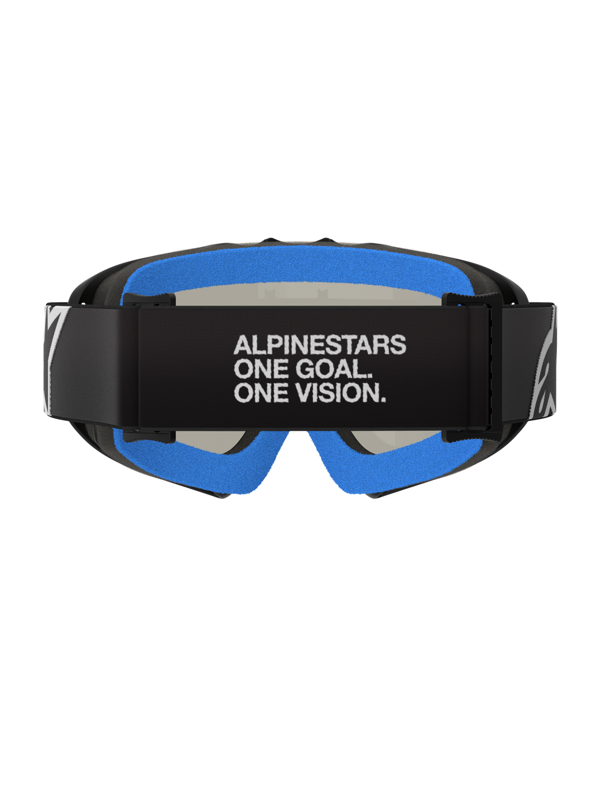 Alpinestars Vision Youth Corp Goggles, Black Mirror Silver, motorcrossbril, achteraanzicht met zwarte band met witte tekst 'ALPINESTARS ONE GOAL. ONE VISION.', helderblauw zacht gezichtsschuim en zwart A-FLEX frame.