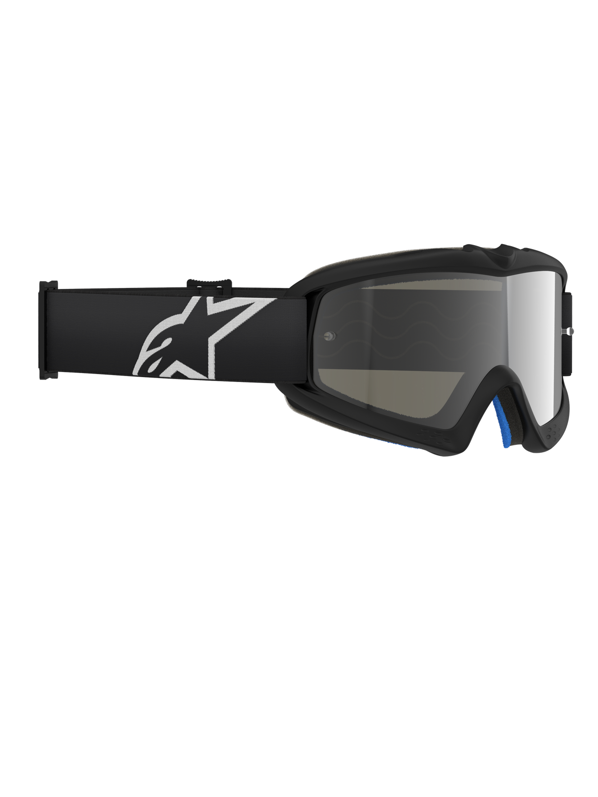 Alpinestars Vision Youth Corp Goggles, motocrossbril, Black Mirror Silver, voorzien van een gespiegelde polycarbonaat lens en een zwarte band met een wit Alpinestars-logo, ontworpen voor jonge rijders