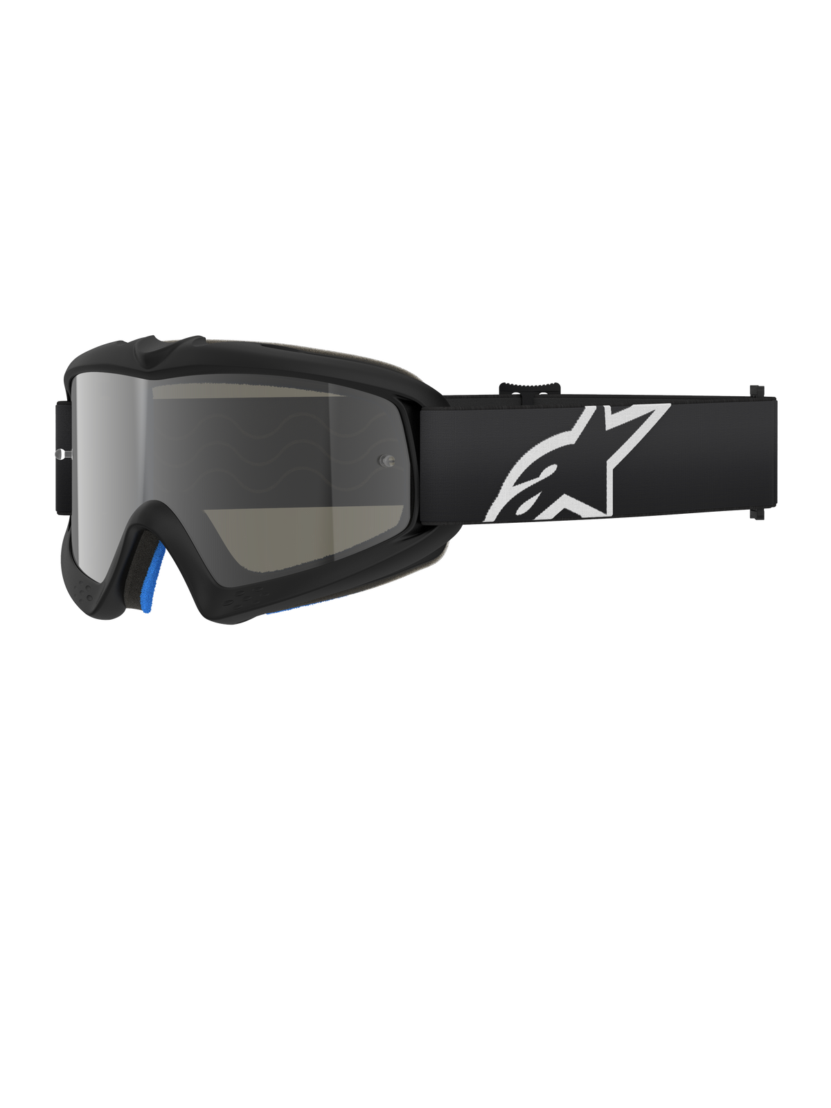Alpinestars Vision Youth Corp crossbril, zwarte motorcrossbril met een zilveren spiegelglas, jeugdmaat, zwarte verstelbare band met wit sterlogo, blauwe schuimvulling aan de binnenkant, ontworpen voor off-road motorracen