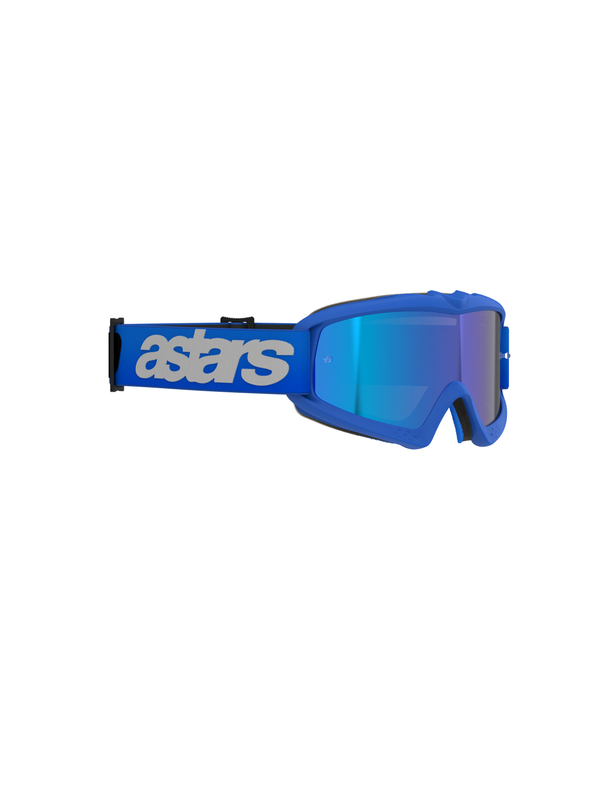 Alpinestars Vision Youth Blaze Goggles, motorcrossbril, blauw met spiegelende lens, levendig blauw frame, brede blauwe band met lichtgrijs 'astars' logo, hoogwaardige oogbescherming voor jonge off-road rijders