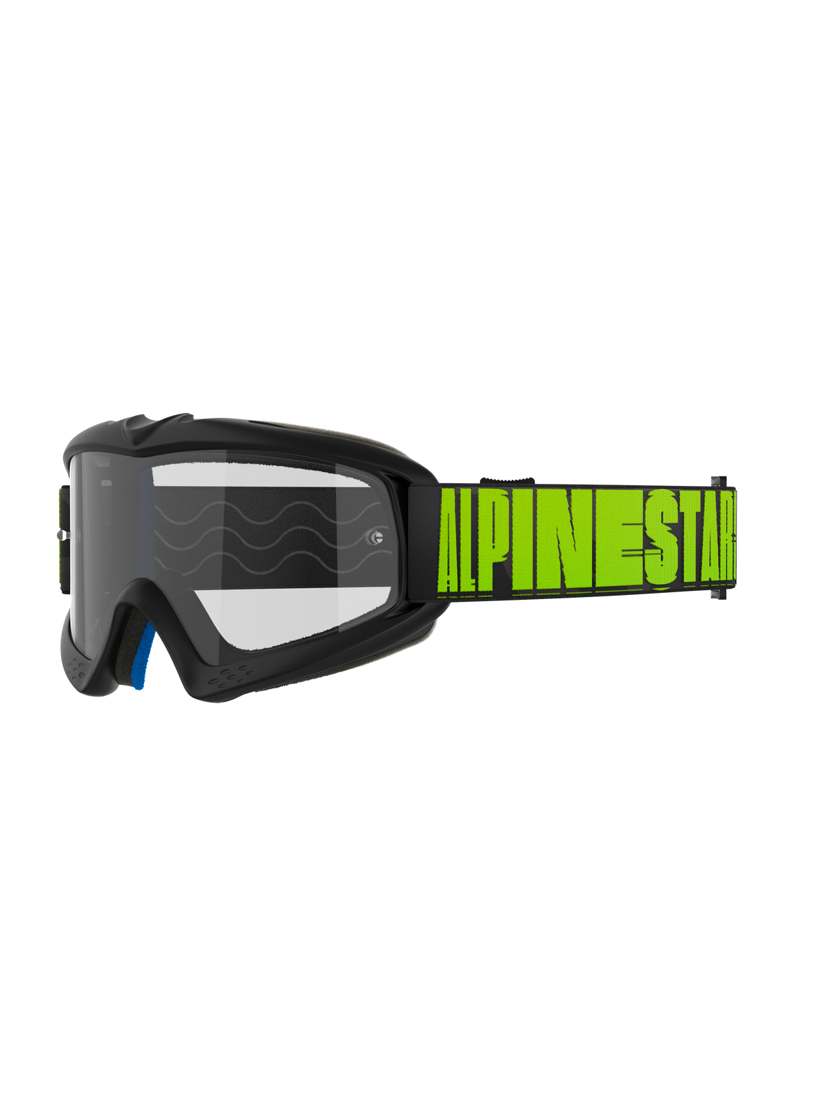 Alpinestars Vision Youth Hollow en Vision 5 Hollow crossbril, motocross- en off-roadbril, houtskoolgrijs frame met fluo geel Alpinestars-logo op een zwarte band, heldere lens, blauwe schuimlaag aan de binnenkant, modern gestroomlijnd ontwerp voor jeugd en volwassenen