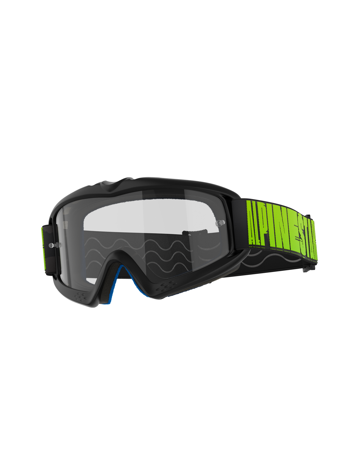 Alpinestars Vision Youth Hollow Goggles, motorcrossbril, antraciet frame met heldere anti-condens lens, zwarte band met opvallende fluorgele branding, blauw binnenschuim, ontworpen voor jonge rijders in de off-road racerij