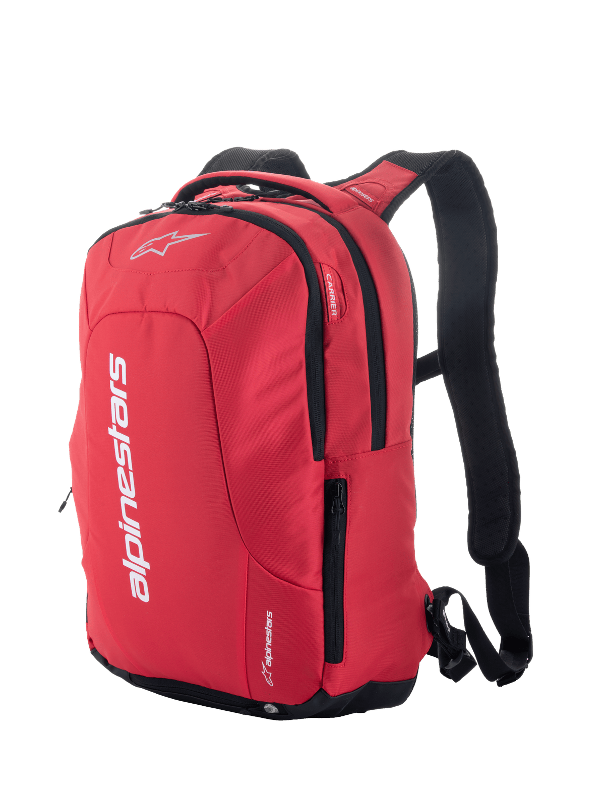 Alpinestars City Hunter V2 rugzak, rood en zwart, urban motorrugzak met opvallende witte branding, zijvakken met rits, gevoerde mesh schouderbanden en een gestroomlijnd ontwerp voor motorrijders