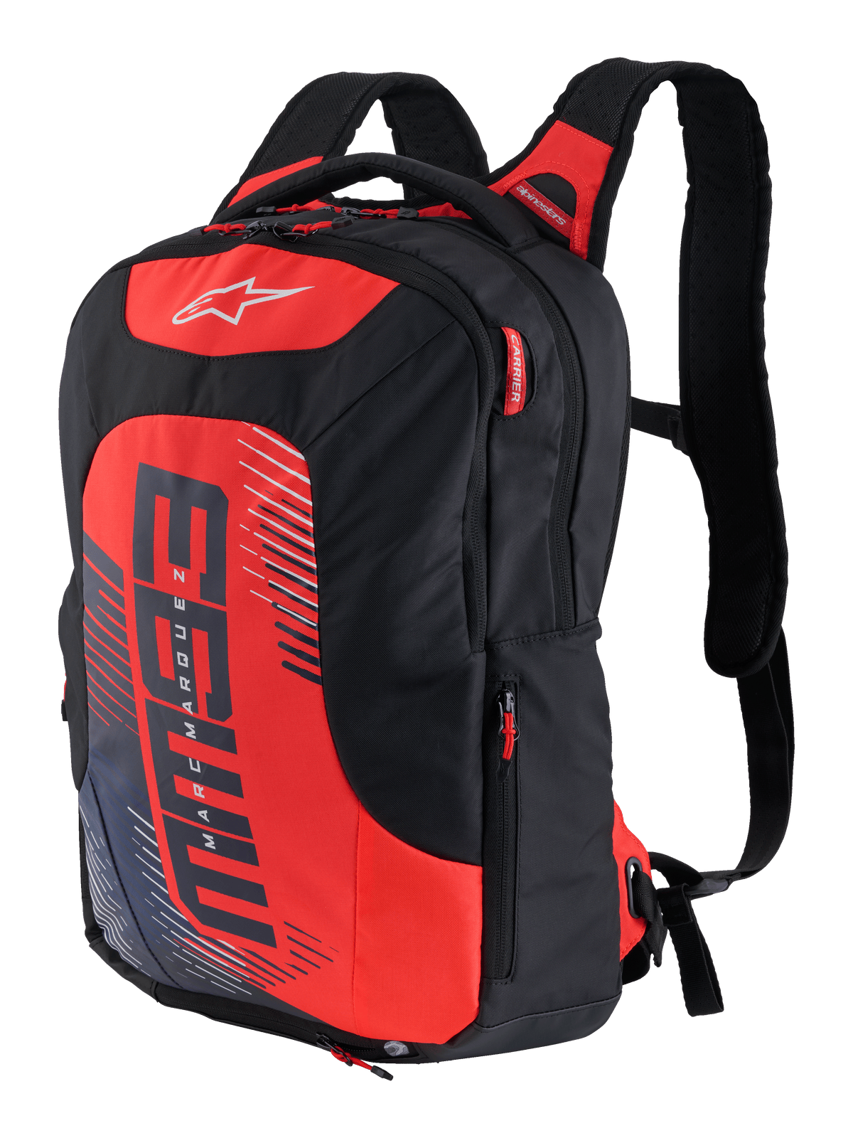 MM93 City Hunter V2 Backpack, Black and Red, sporty motorcycle backpack with ergonomic padded shoulder straps, multiple compartments with red zipper pulls, bold red front panel with MM93 logo and Marc Marquez graphic elements, durable polyfabric, sleek streamlined design