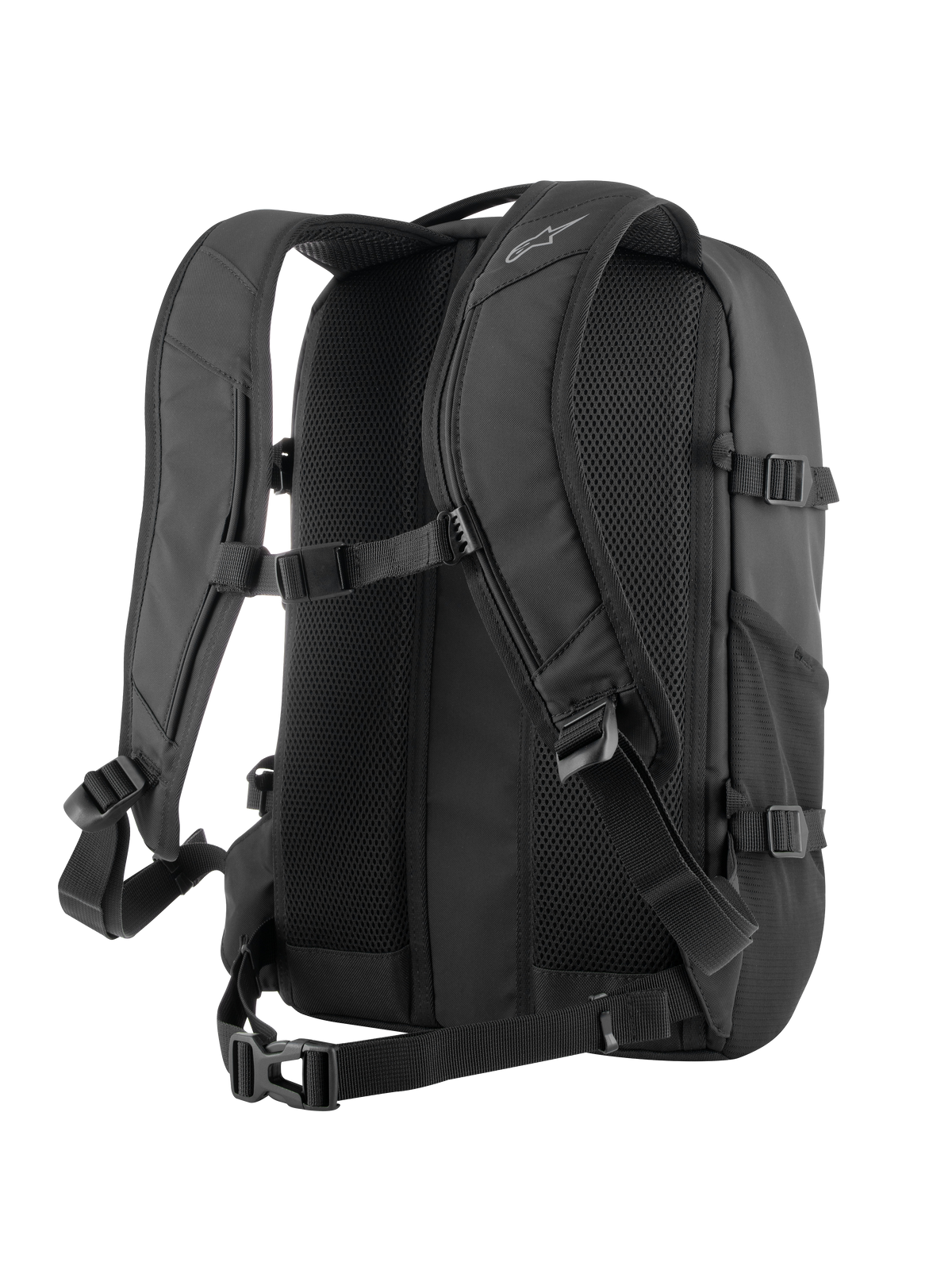 Alpinestars AMP3 rugzak in zwart, achteraanzicht met het ademende 3D-mesh rugpaneel met luchtstroomkanalen, verstelbare ergonomische schouderbanden, borstgesp en heupband voor motorrijden.