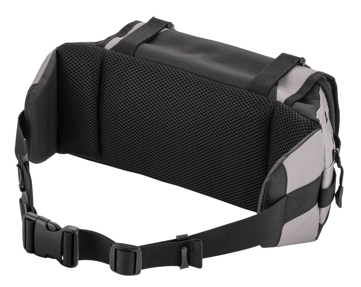Alpinestars Tech Tool Pack, grijs zwart, achteraanzicht met air mesh rugpaneel voor ventilatie en comfort, verstelbare heupriem met robuuste gesp, duurzame textielconstructie voor off-road en enduro gebruik