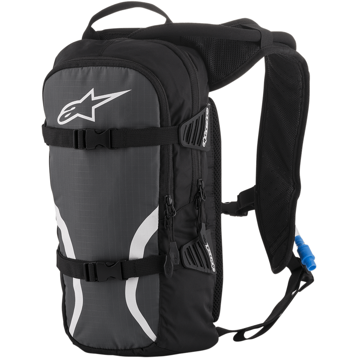 Alpinestars Iguana hydratatierugzak, off-road drinkrugzak, zwart, antraciet en wit, voorzien van gewatteerde mesh schouderbanden, compressiebanden aan de voorzijde met gespen, compartimenten met ritssluiting en een blauwe drinkslang met mondstuk