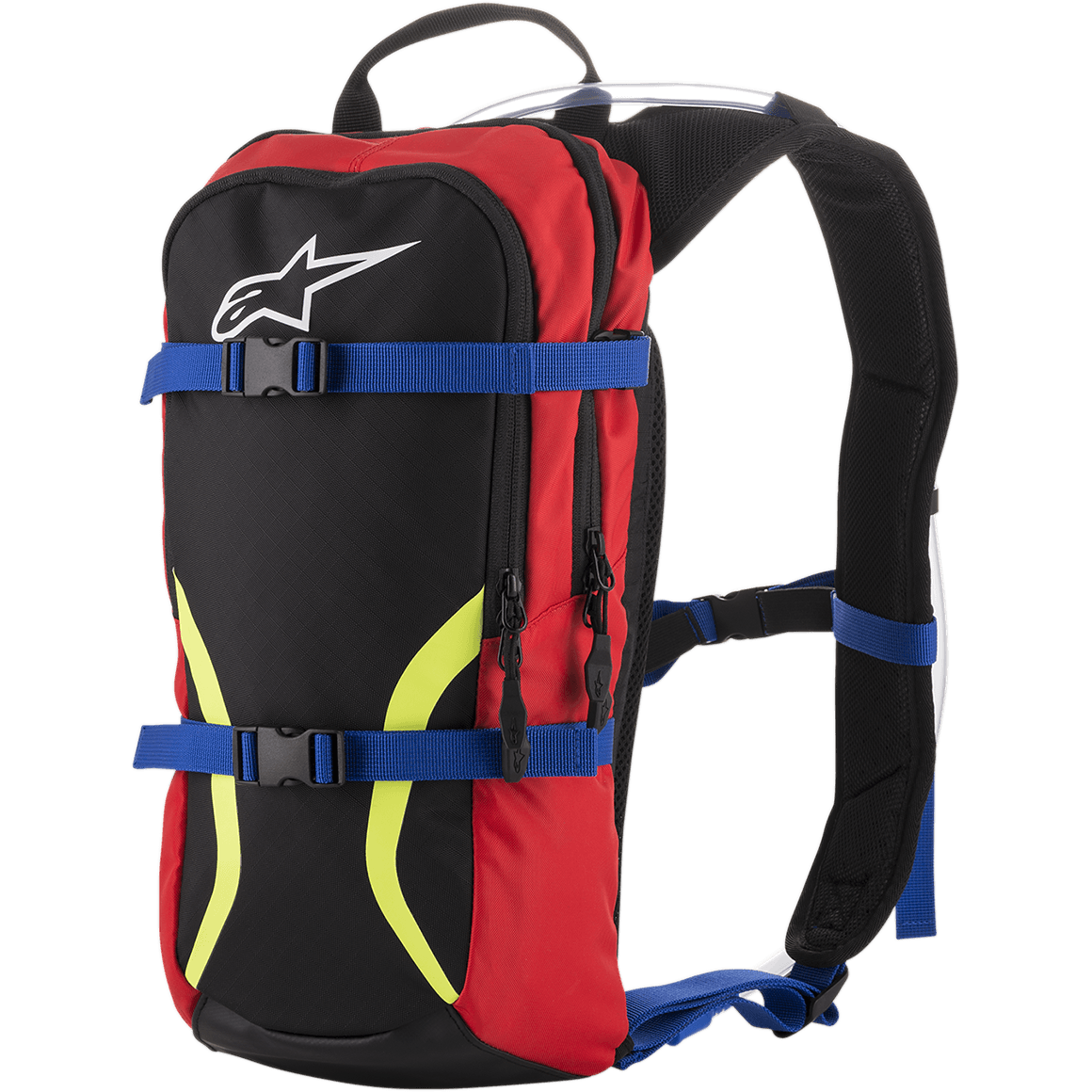 Alpinestars Iguana Hydratatierugzak, off-road motorcross rugzak, zwart en rood met blauwe riemen en fluorgele graphics, wit Astars-logo, twee compartimenten met ritssluiting, gewatteerde schouderbanden met zichtbare drinkslang