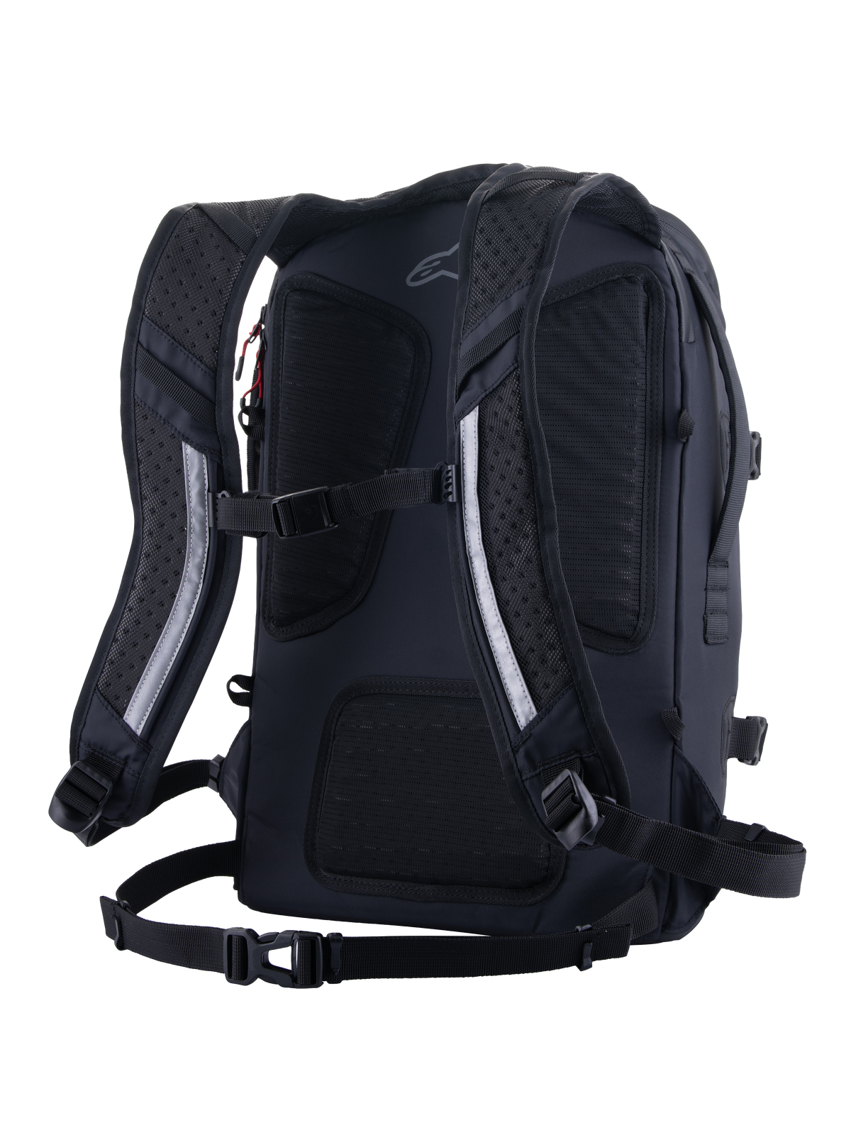 Alpinestars AMP-7 rugzak, technische motorrugzak, zwart, achteraanzicht met ergonomische geventileerde gewatteerde schouderbanden, ademend mesh-rugpaneel, borstband en heupbandsysteem