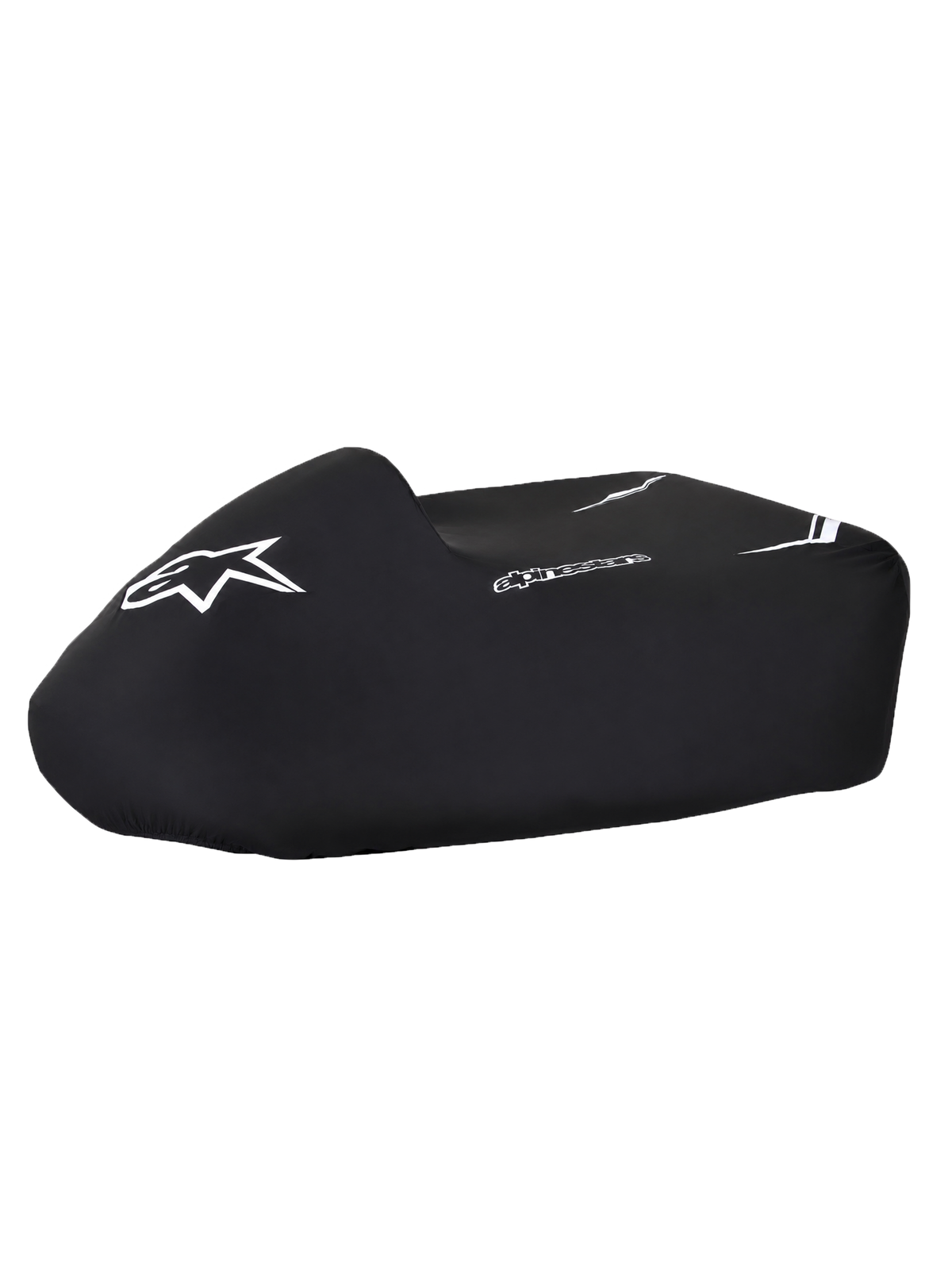 Alpinestars karthoes, zwarte waterdichte kartcover met witte logo's, gestructureerde pasvorm en elastische onderrand voor bescherming in de paddock en tijdens opslag