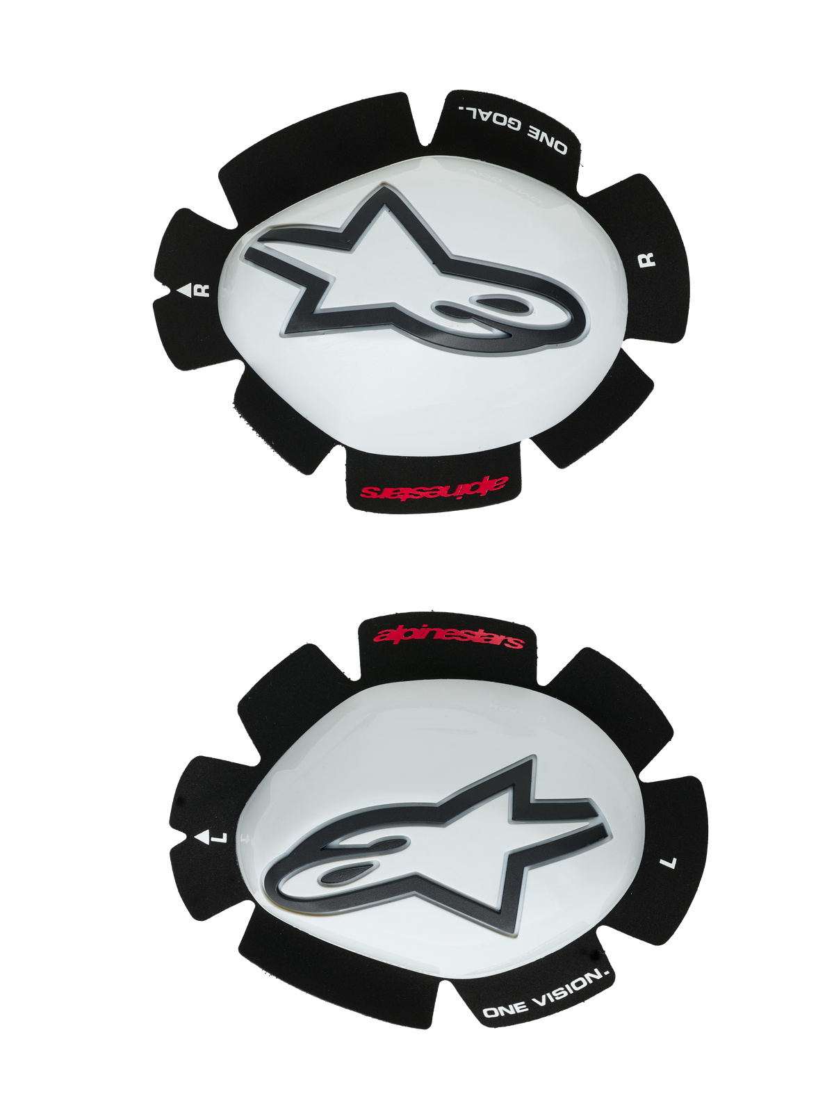 Alpinestars GP Tech kniesliders, motor kniebeschermers, wit en zwart, set van linker- en rechtersliders met witte plastic schalen en zwarte Astar-logo's, klittenband achterkant met 'ONE GOAL ONE VISION' tekst, hoogwaardige race-uitrusting