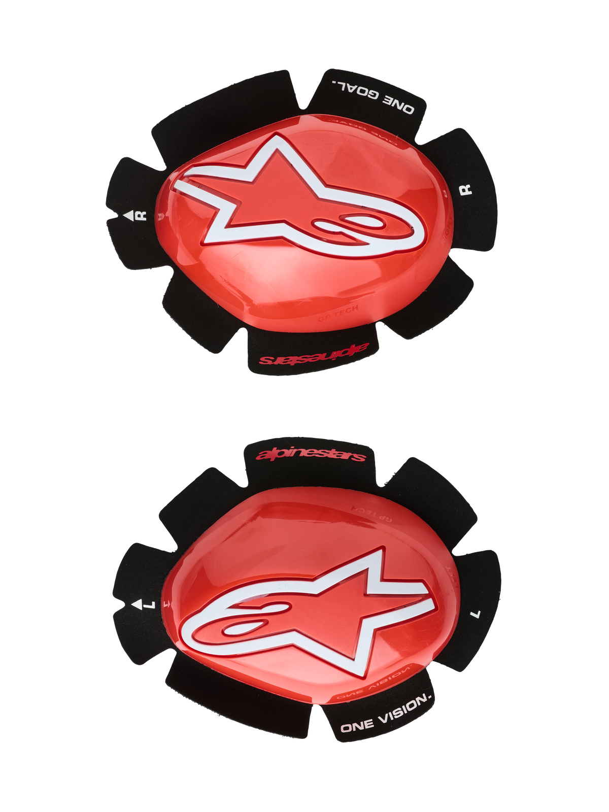 Alpinestars GP Tech kniesliders, rood en wit, motorrace kniebeschermers, groot wit sterlogo op glanzend rood kunststof, 'ONE GOAL. ONE VISION.' tekst op zwarte bloemblad-vormige klittenband bevestiging, set van links en rechts voor circuitgebruik
