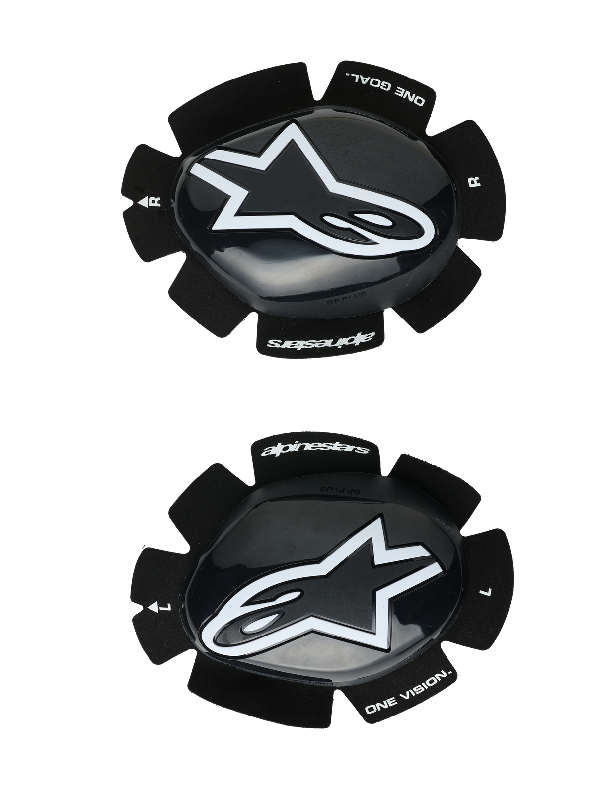 Alpinestars GP Plus kniesliders, motorrace knieschuivers, zwart en wit, glanzende afwerking met wit sterlogo, klittenband bevestigingssysteem, voorzien van 'One Goal One Vision' branding, set van links en rechts