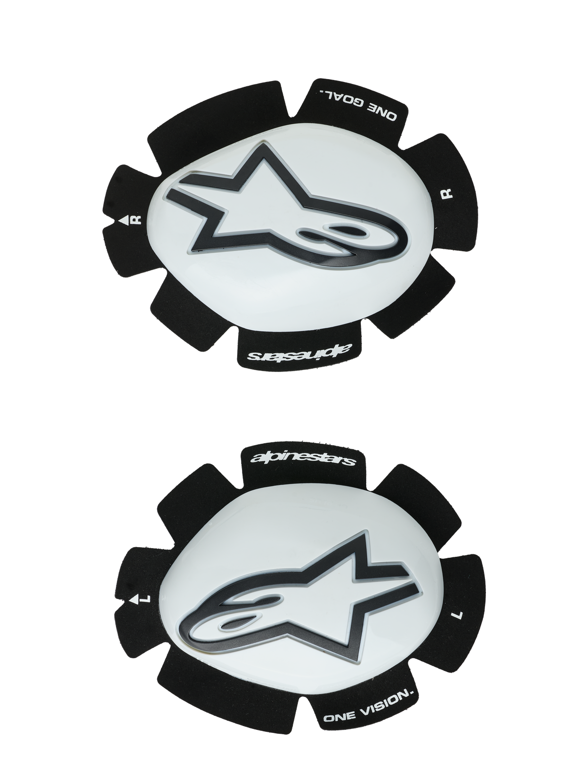 Alpinestars GP Plus kniesliders, wit en zwart, motorrace-kniebeschermers, paar met linker- en rechtersliders, witte kunststof oppervlakken en zwarte Astars-logo's, geschulpte zwarte klittenband-achterzijde voorzien van 'ONE GOAL' en 'ONE VISION' branding