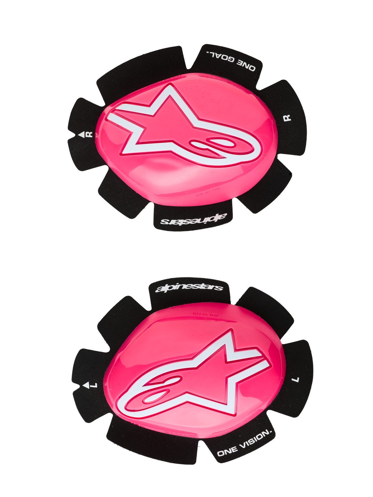 Alpinestars GP Plus kniesliders, motorrace-kniesliders, fluo roze en wit, set van linker- en rechtersliders, glanzend roze oppervlak met witte sterlogo's, zwarte achterzijde met de tekst 'One Goal One Vision', duurzame kunststof constructie voor gebruik op het circuit en de weg