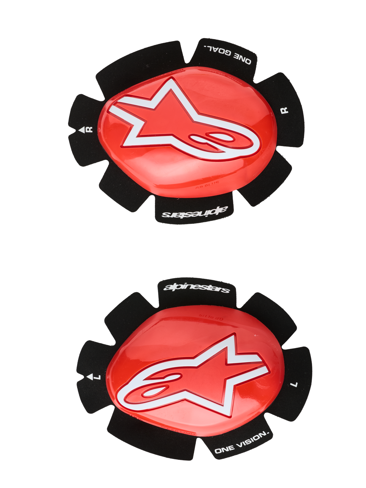 Alpinestars GP Plus kniesliders, motorracing kniebescherming, rood en zwart, wit sterlogo, 'ONE GOAL. ONE VISION.' branding, klittenband bevestiging, paar voor links en rechts