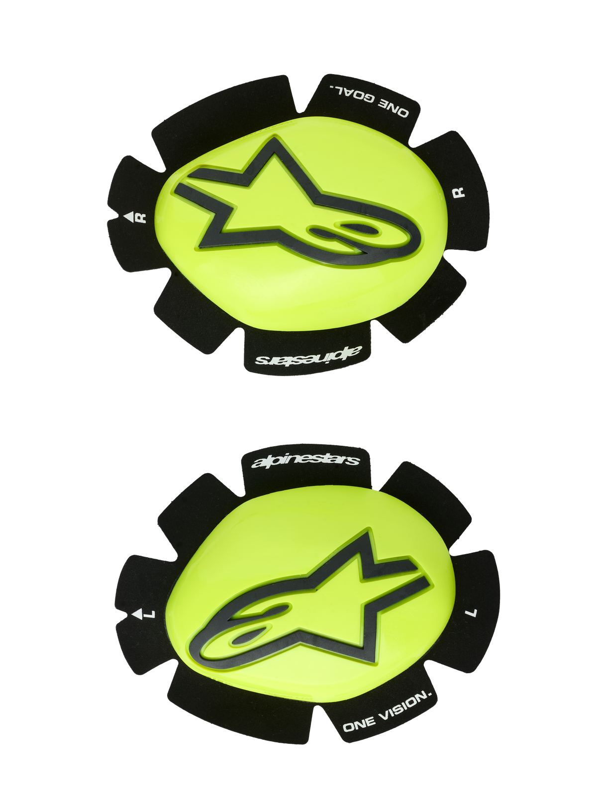 Alpinestars GP Plus kniesliders, motorrace kniesliders, fluorgeel en zwart, set van links en rechts met een zwart ster-logo op een glanzend geel oppervlak, getextureerde zwarte randen met "alpinestars" en "ONE GOAL ONE VISION" branding, ontworpen voor slijtvastheid op het circuit