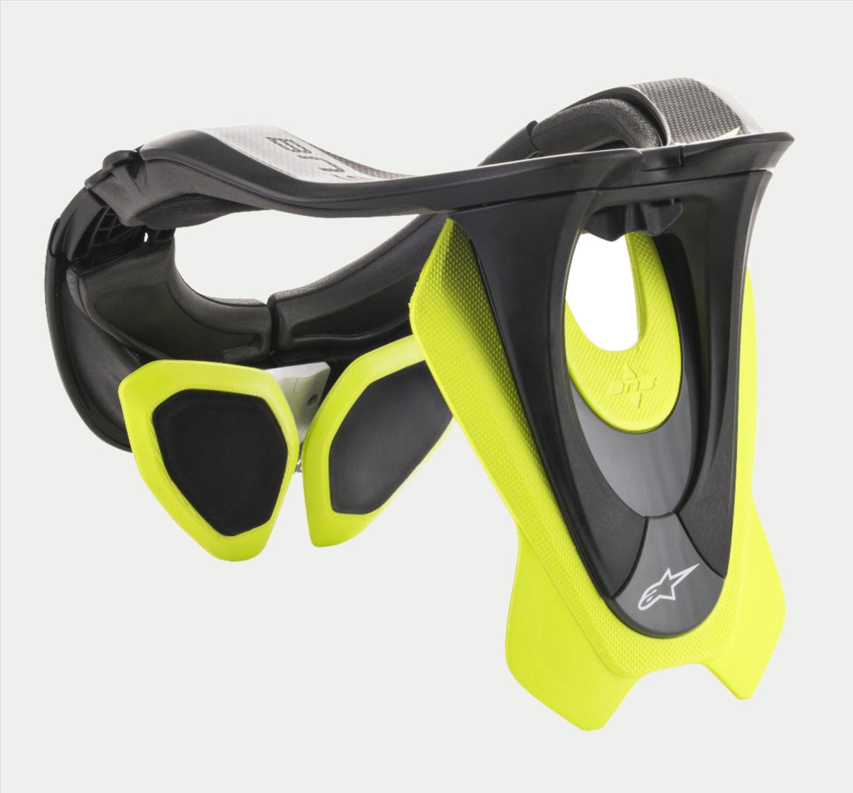 Alpinestars BNS Tech 2 neksteun, motorcross nekbeschermer, zwart en fluorescerend geel, ergonomisch carbonpolymeer frame met gevoerde stabilisatoren, voorzien van Alpinestars-logo, hoogwaardige bescherming voor off-road rijden